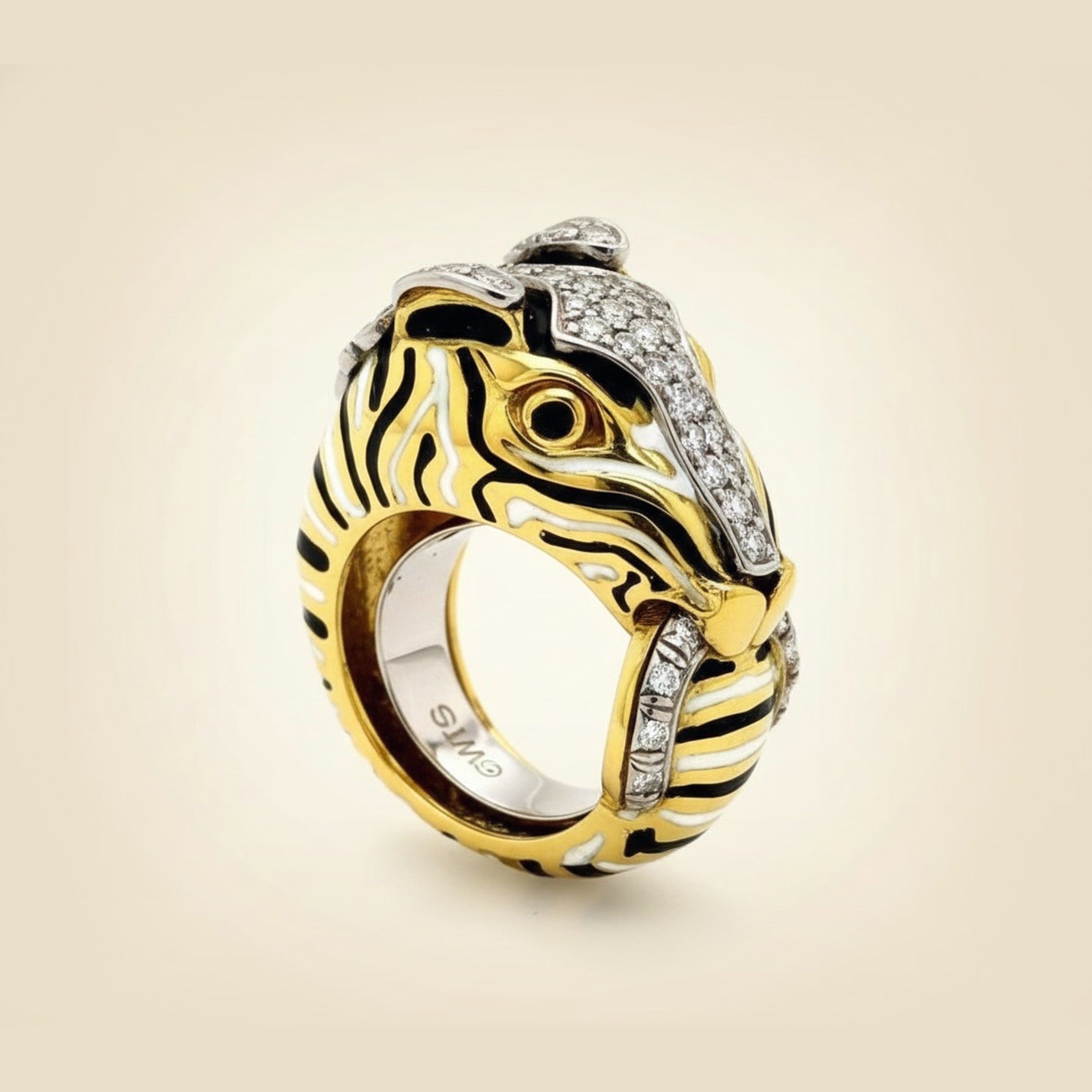 David Webb 18K Gold & Platinum Diamond Enamel Zebra Ring