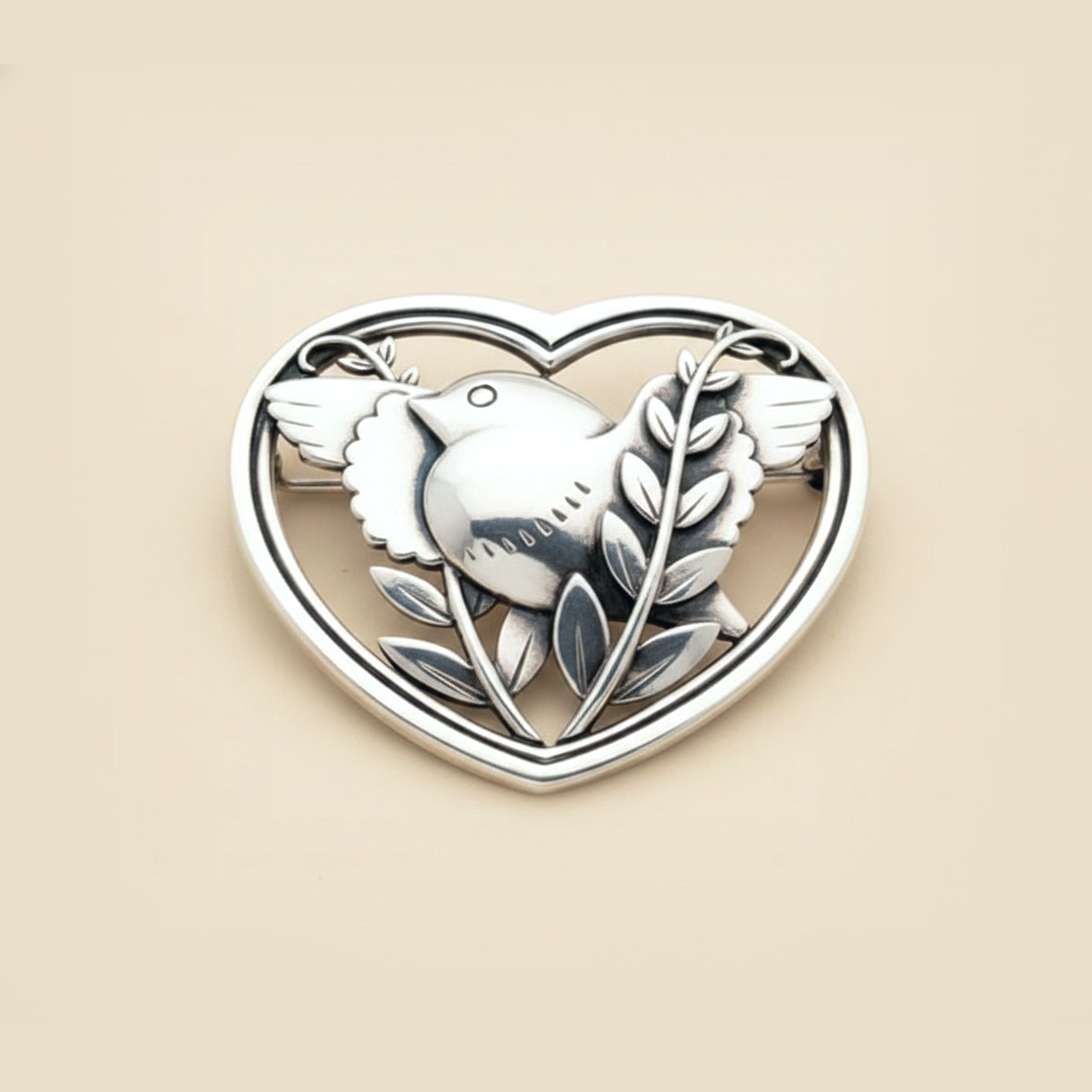Georg Jensen Art Deco Sterling Bird in Heart Brooch #239