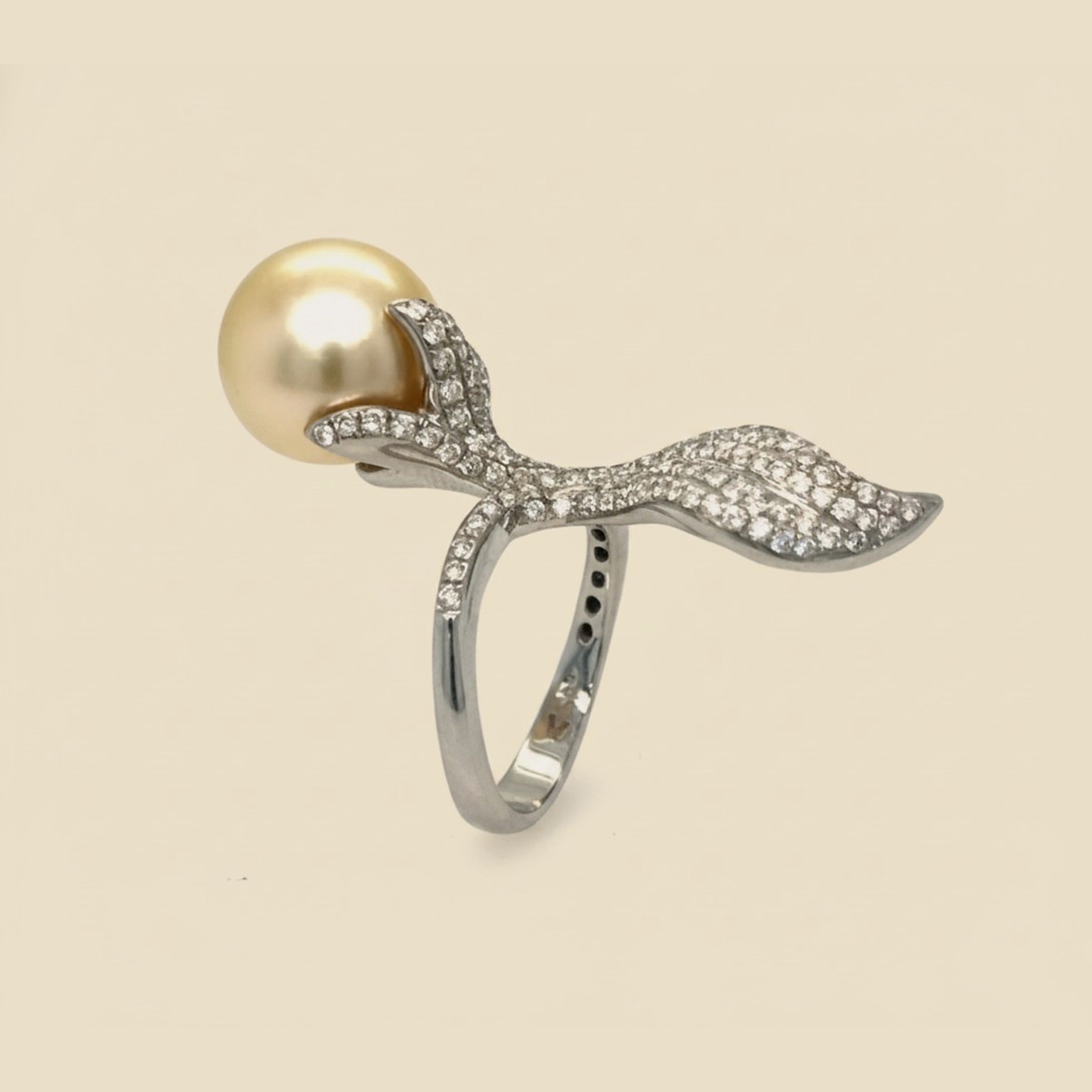 14k White Gold Pave Diamond and South Sea Pearl Ring