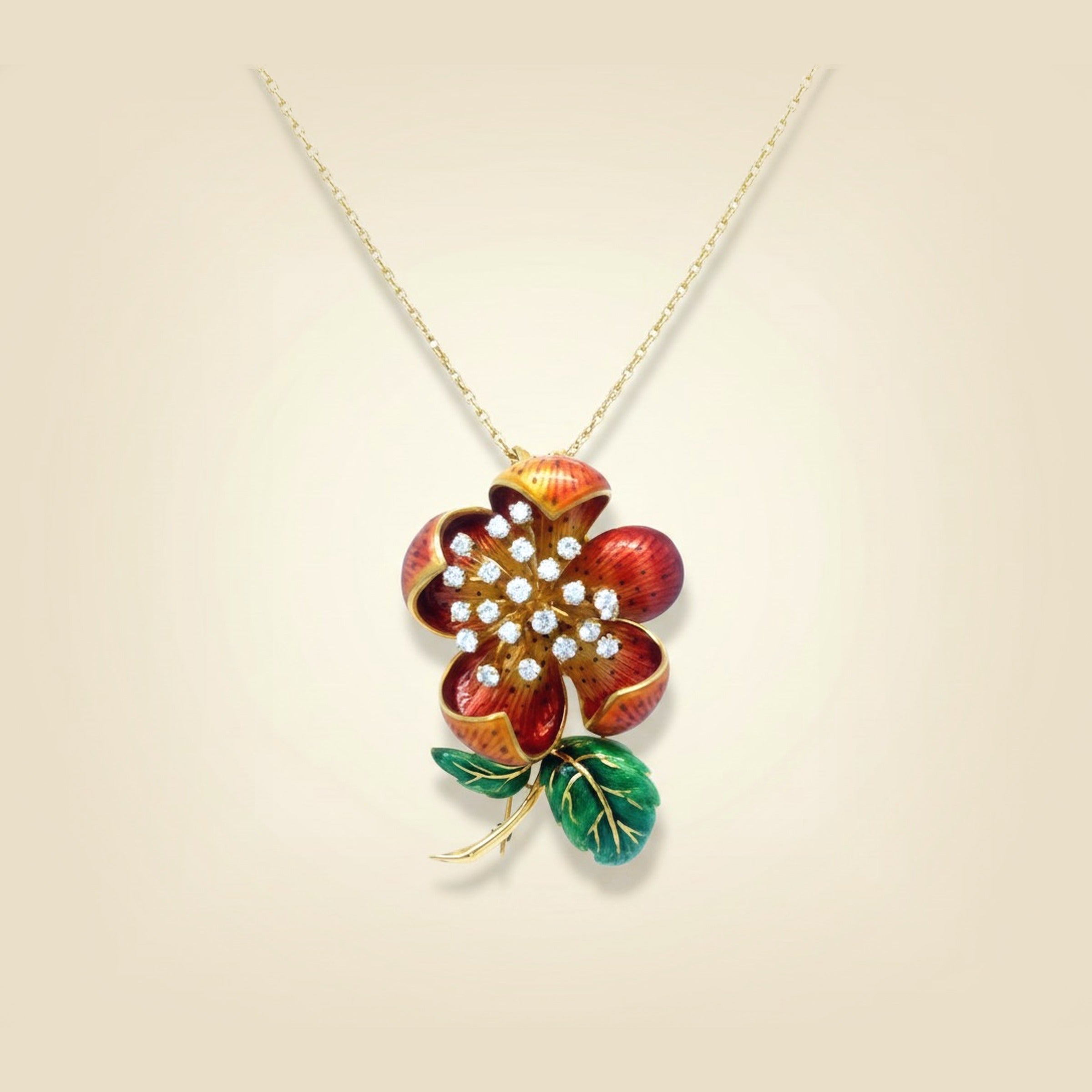 Italy. Enamel Diamond Flower Brooch/Pendant