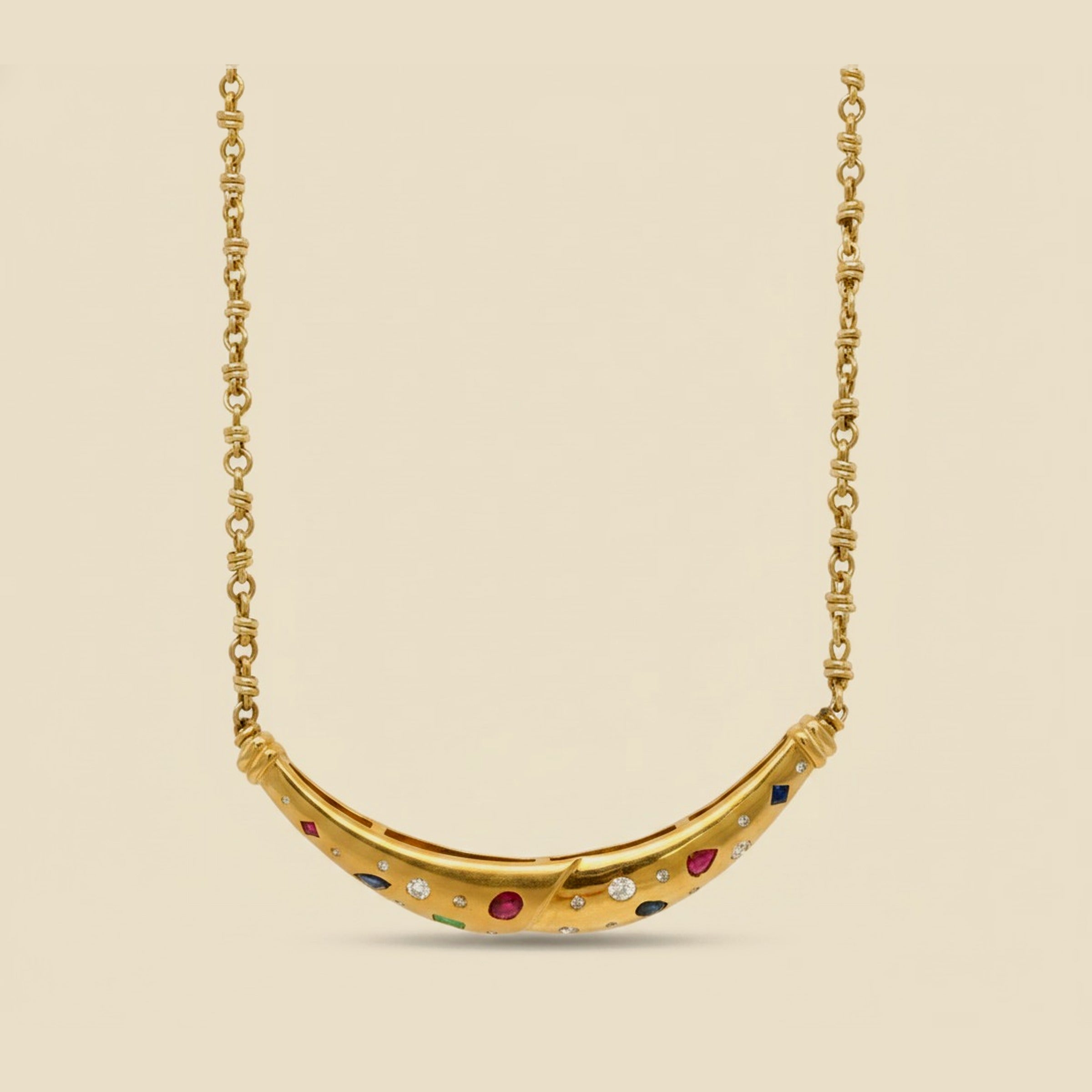Yellow Gold Diamond & Precious Colored Stone Necklace