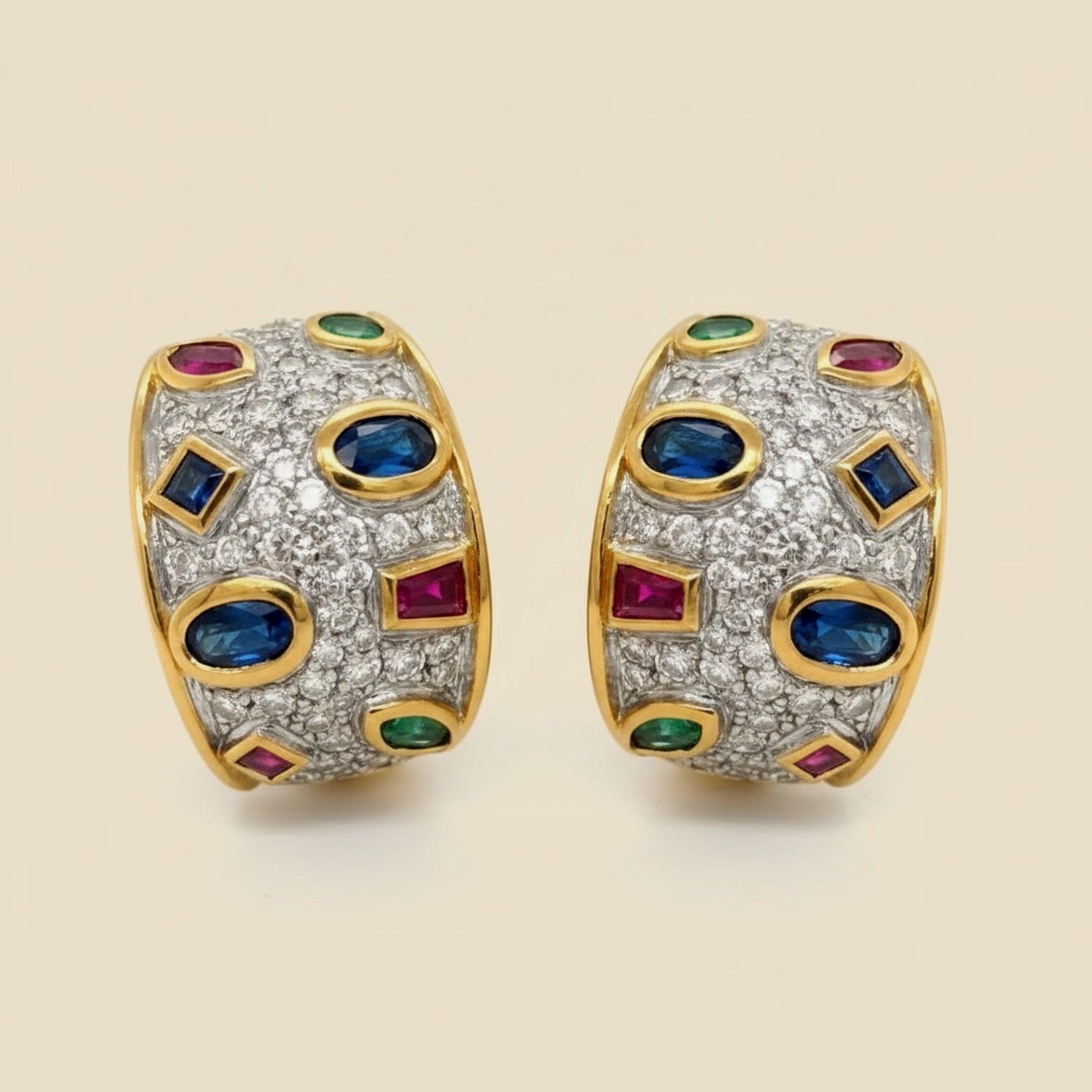 18K Gold Cabochon Ruby, Sapphire & Emerald Diamond Ear Clips