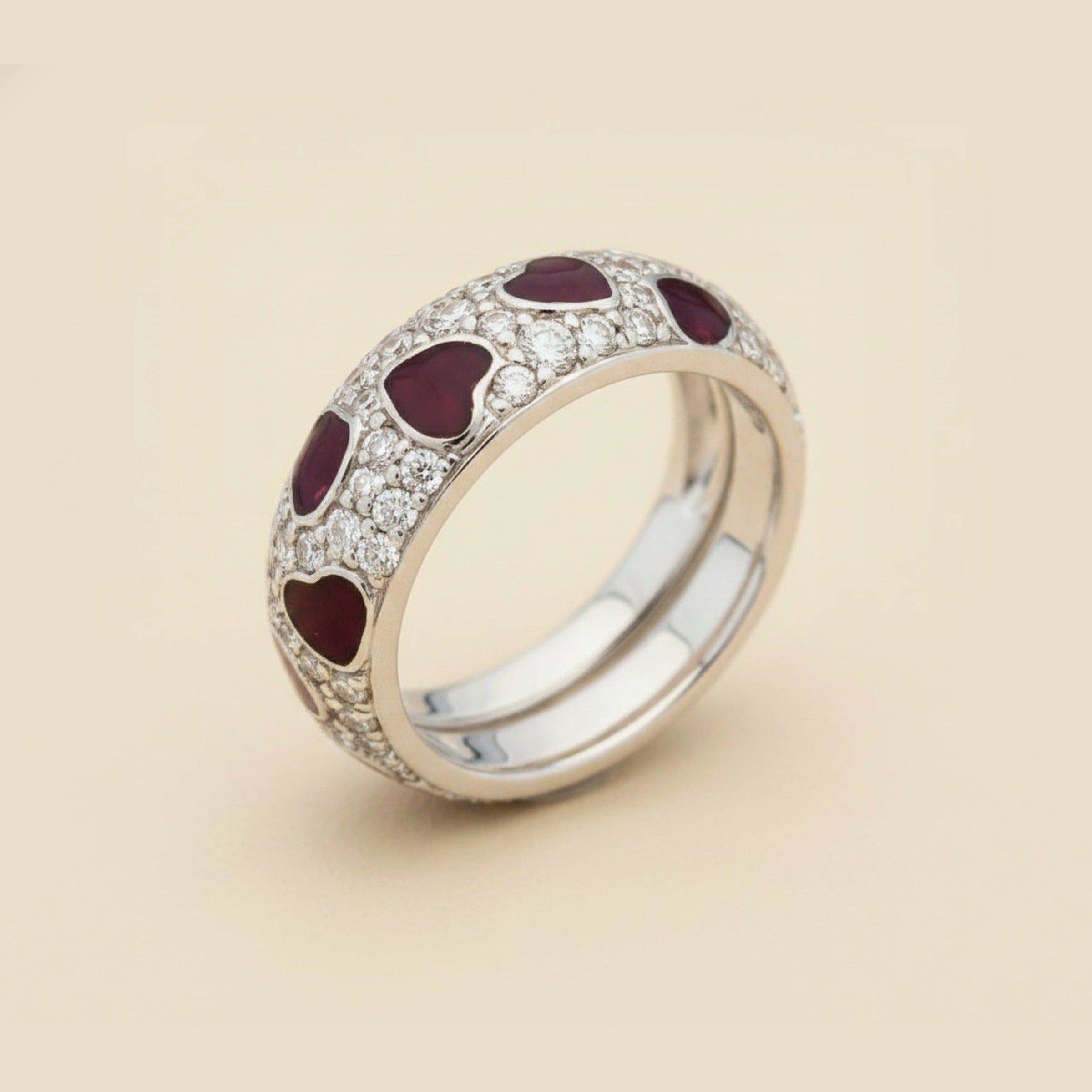 Hidalgo 18K White Gold Pave Diamond & Red Enamel Heart Band
