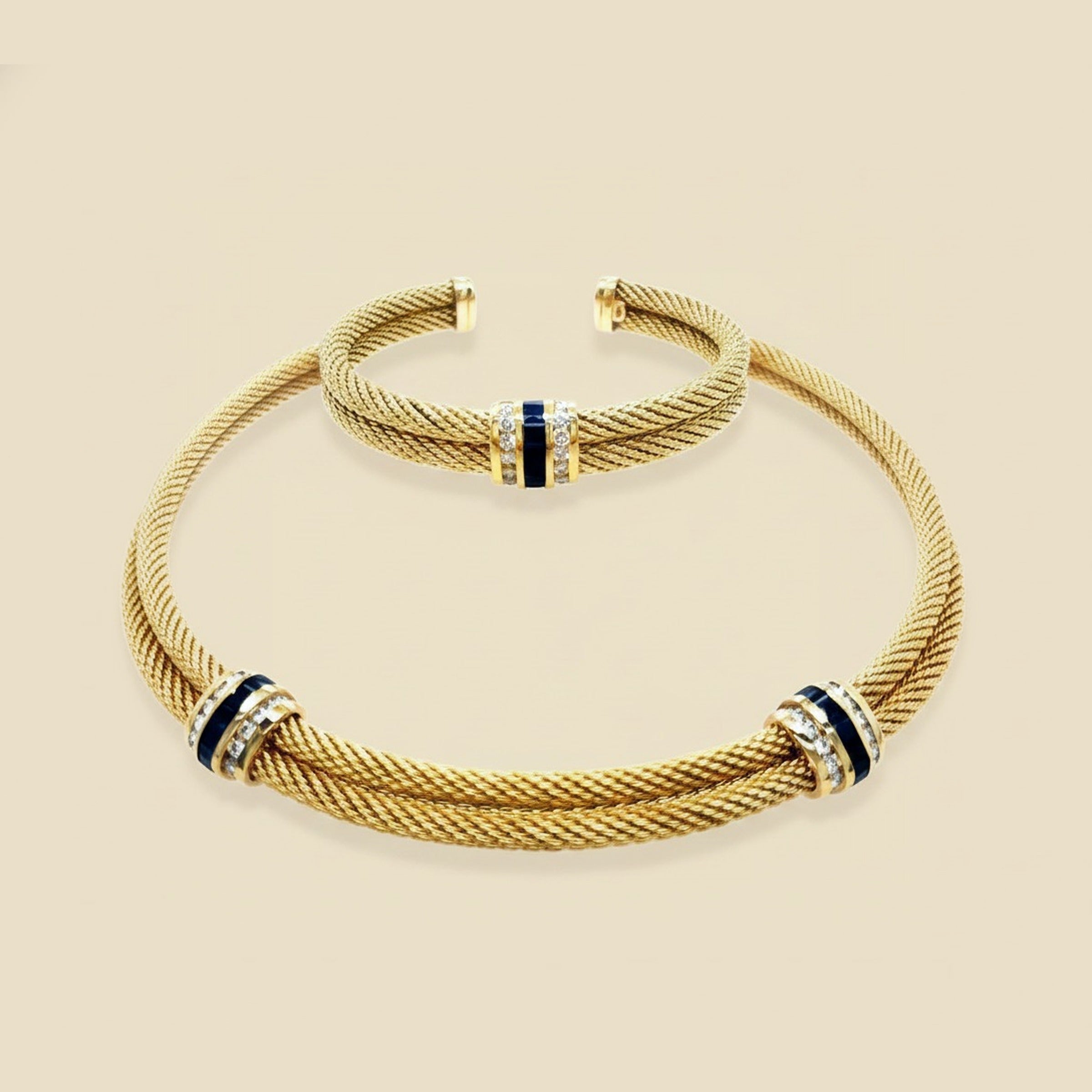 David Yurman 18K Gold Sapphire & Diamond Collar Necklace & Bracelet Set