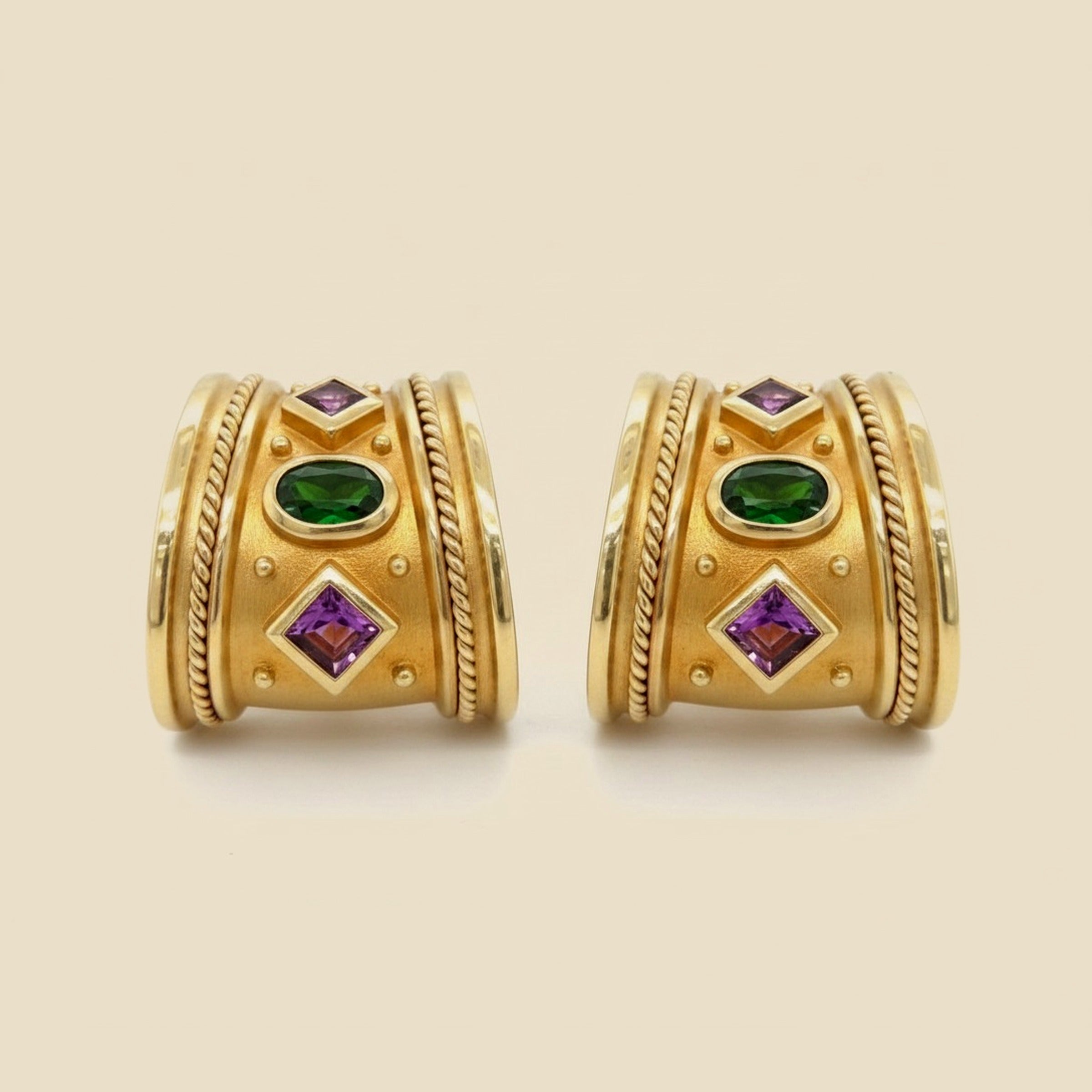 Yellow Gold Tourmaline & Amethyst Hoop Earrings