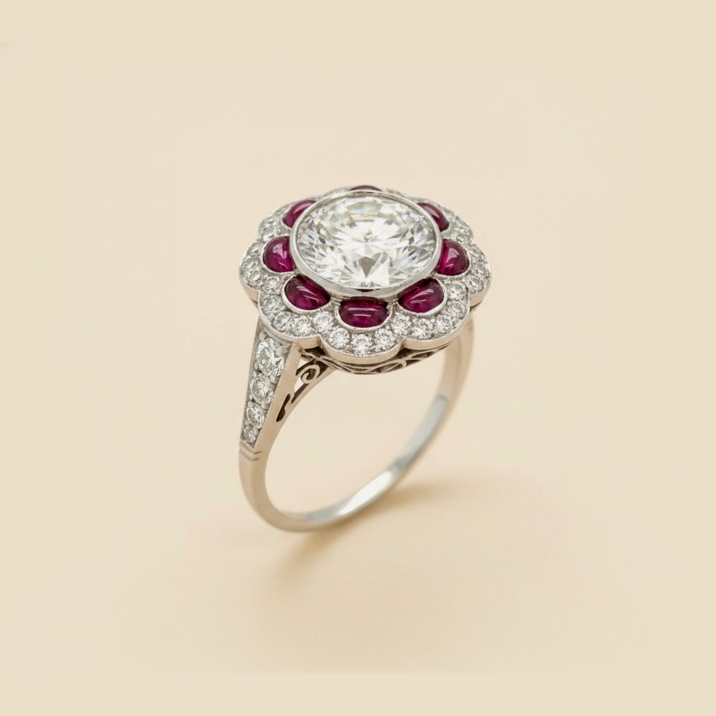 Art Deco Platinum Diamond & Ruby Engagement Ring