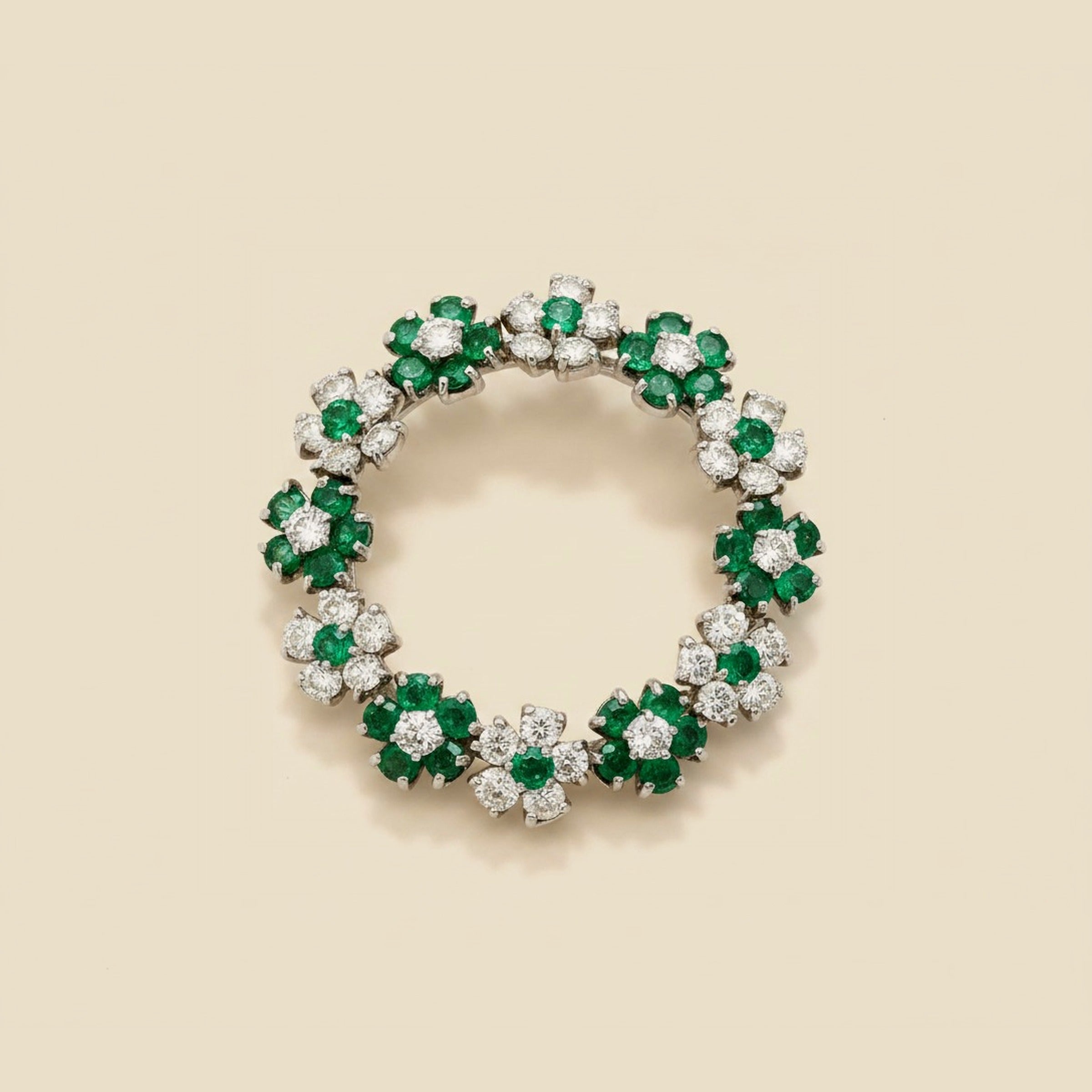 Platinum Diamond & Emerald Circle Pin
