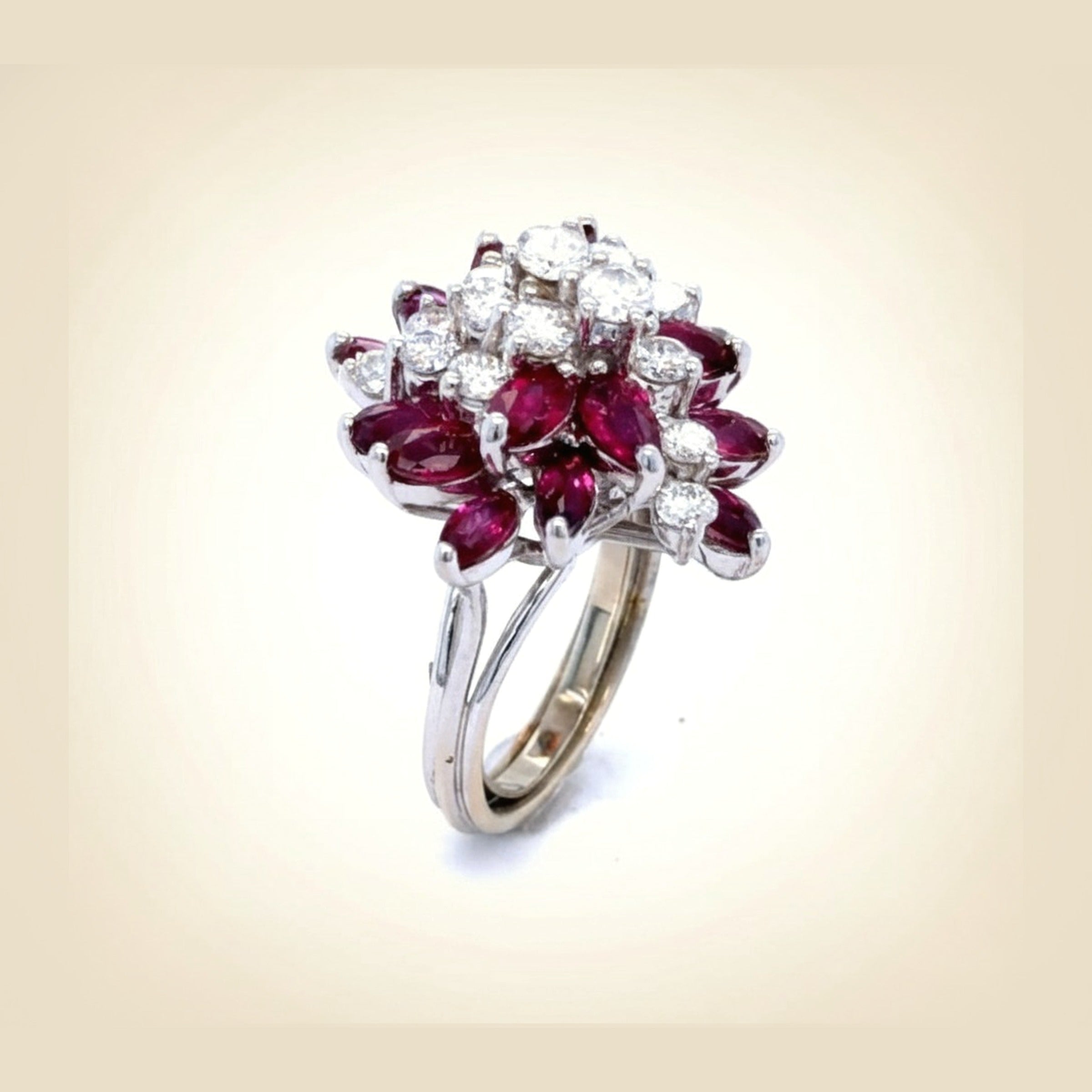 White Gold Ruby & Diamond Cluster Ring