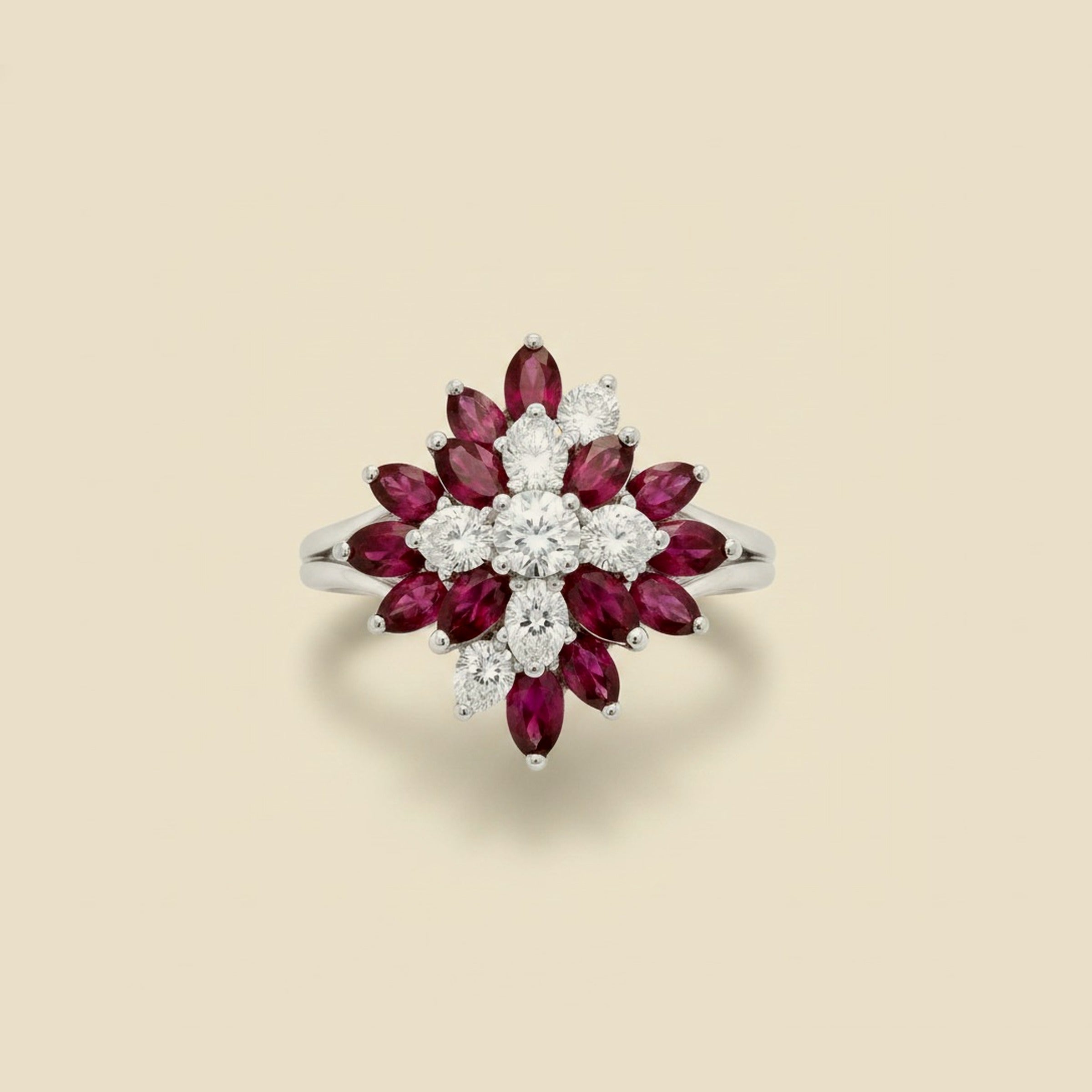 White Gold Ruby & Diamond Cluster Ring
