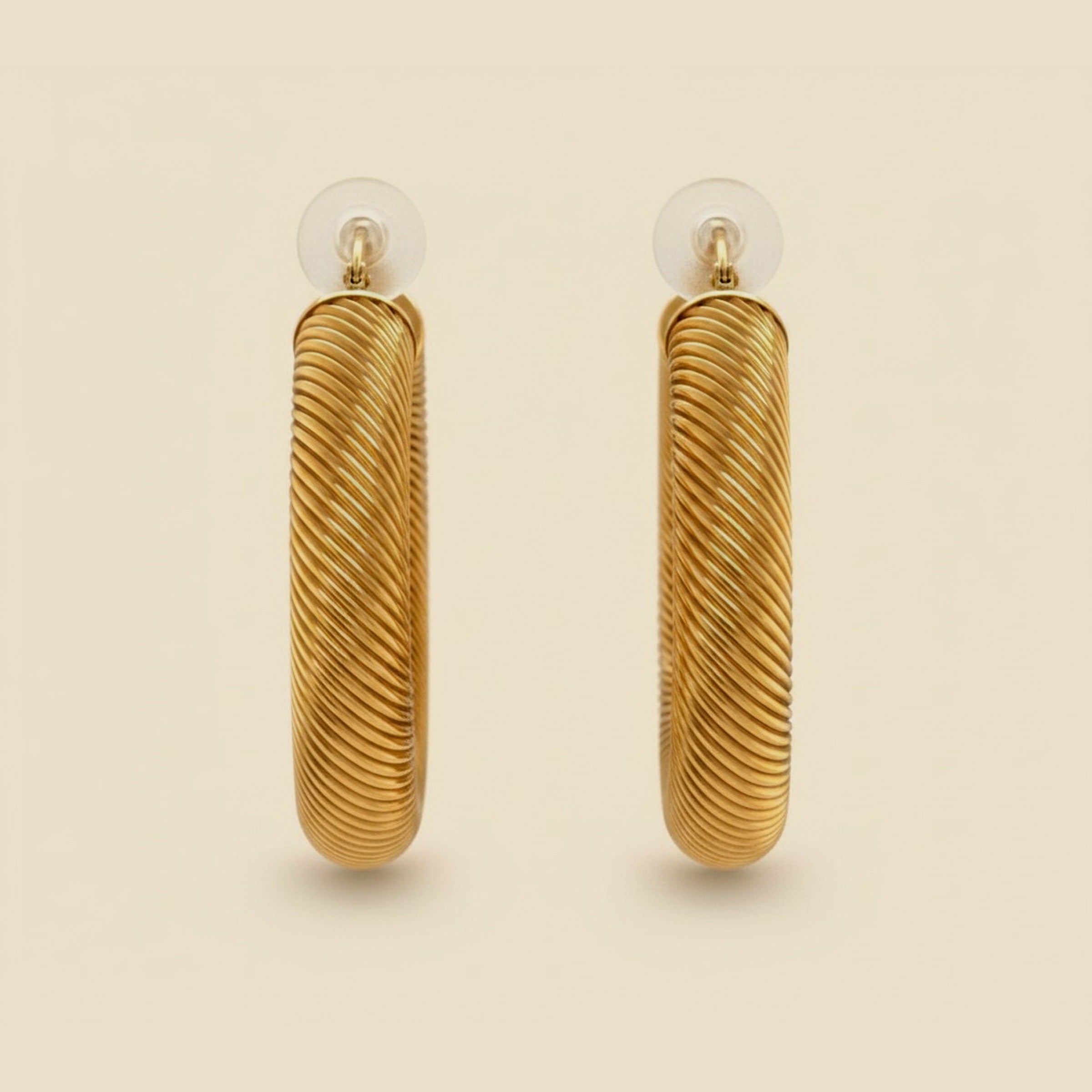 14K Yellow Gold Ribbed Hoop Earrings, 1 3/8 Inch