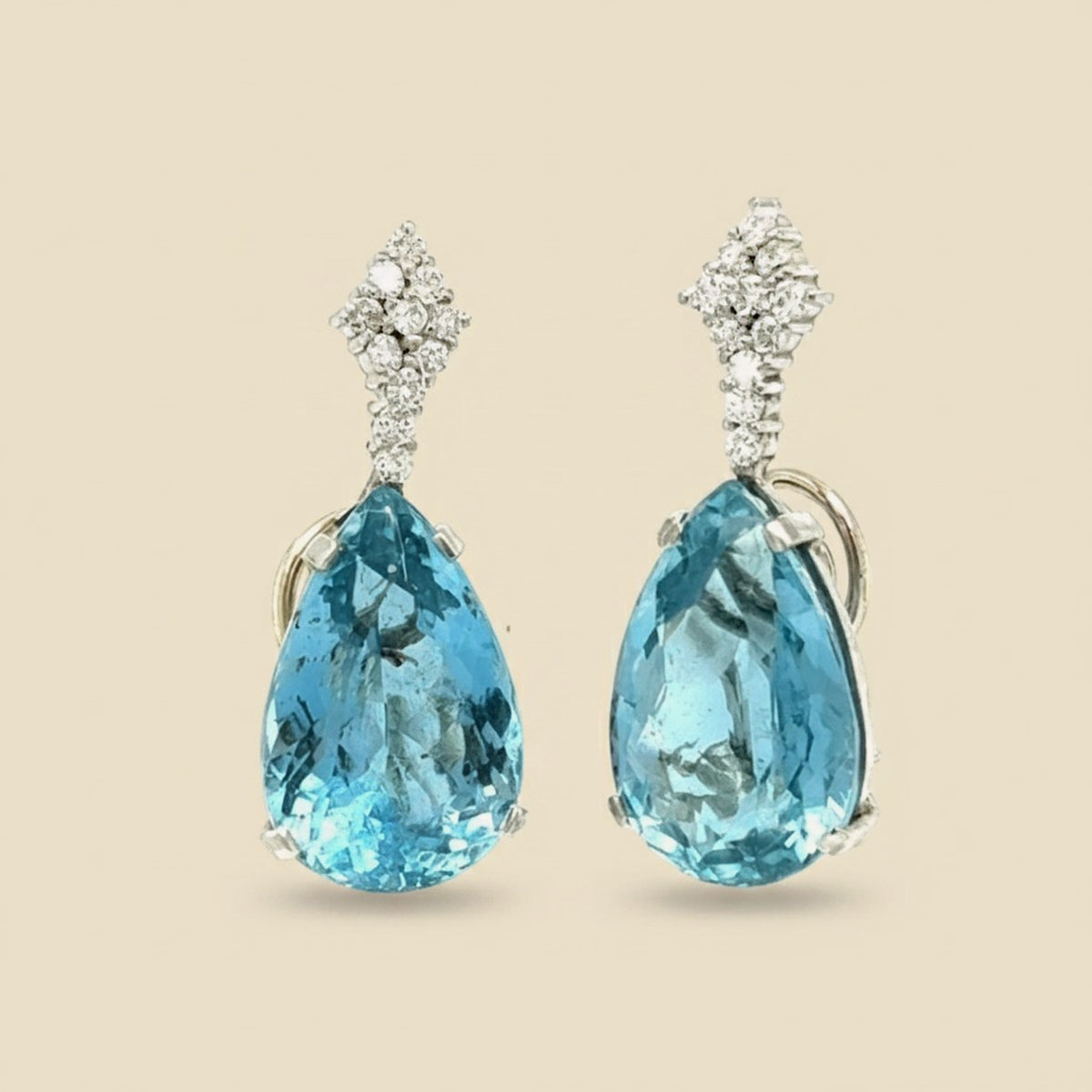 White Gold Faceted Blue Topaz & Diamond Large Pear Shaped Drop Earrings