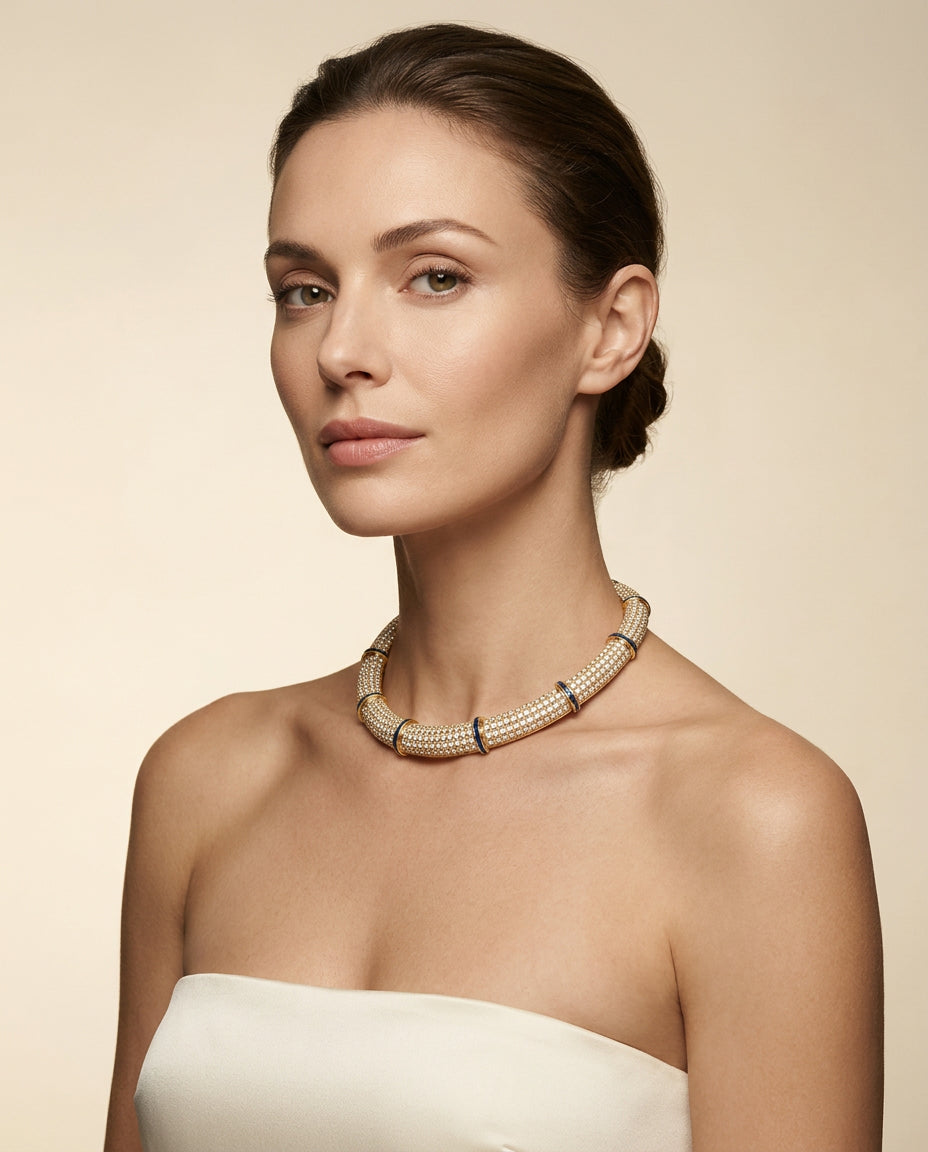 Yellow Gold Diamond & Sapphire Choker Necklace worn – editorial – Empire Diamond