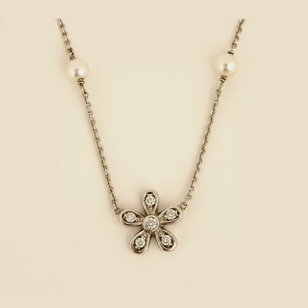 Delicate Cultured Pearl Chain with Diamond Rosette Necklace