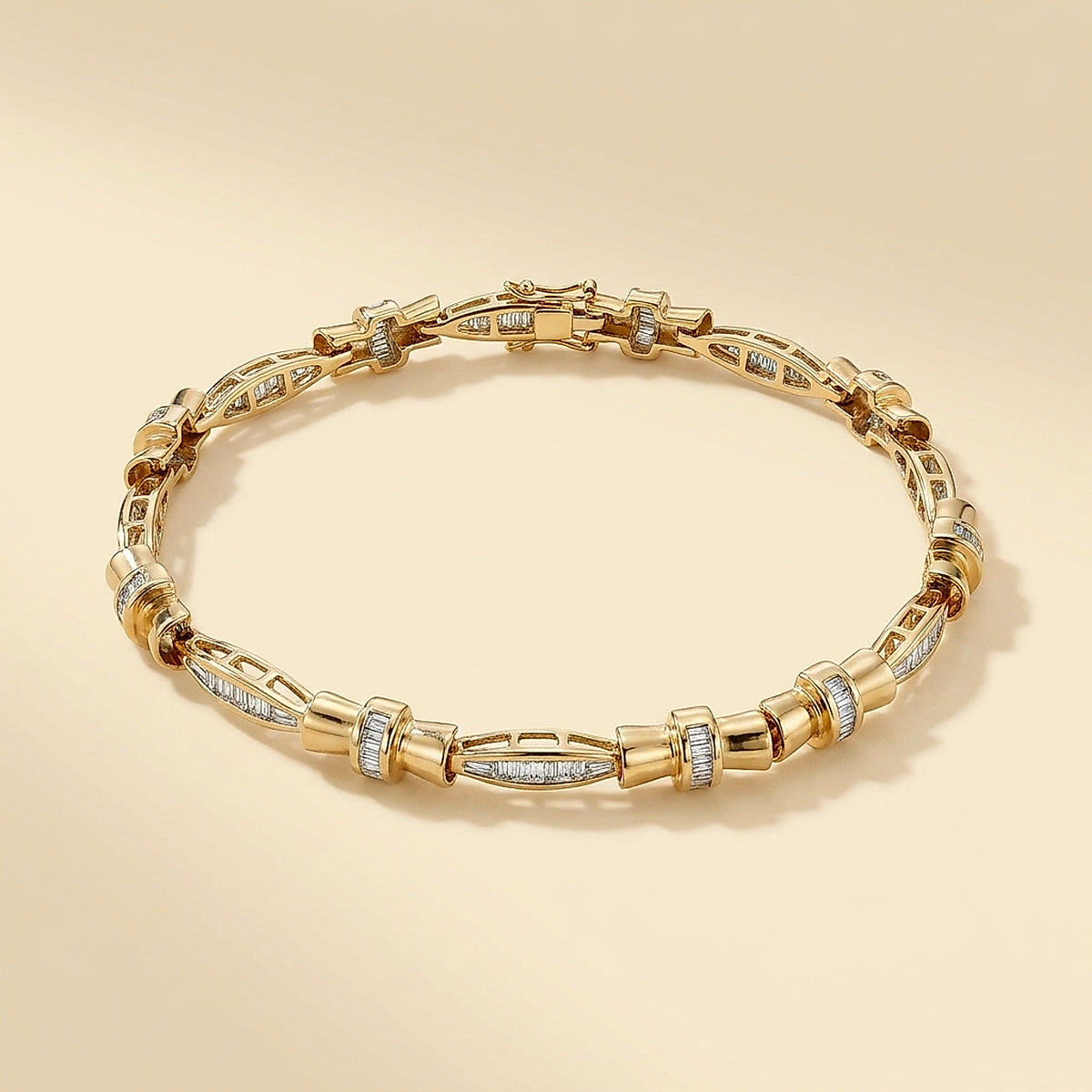 Yellow Gold Channel Set Straight Line Baguette Diamond Bracelet