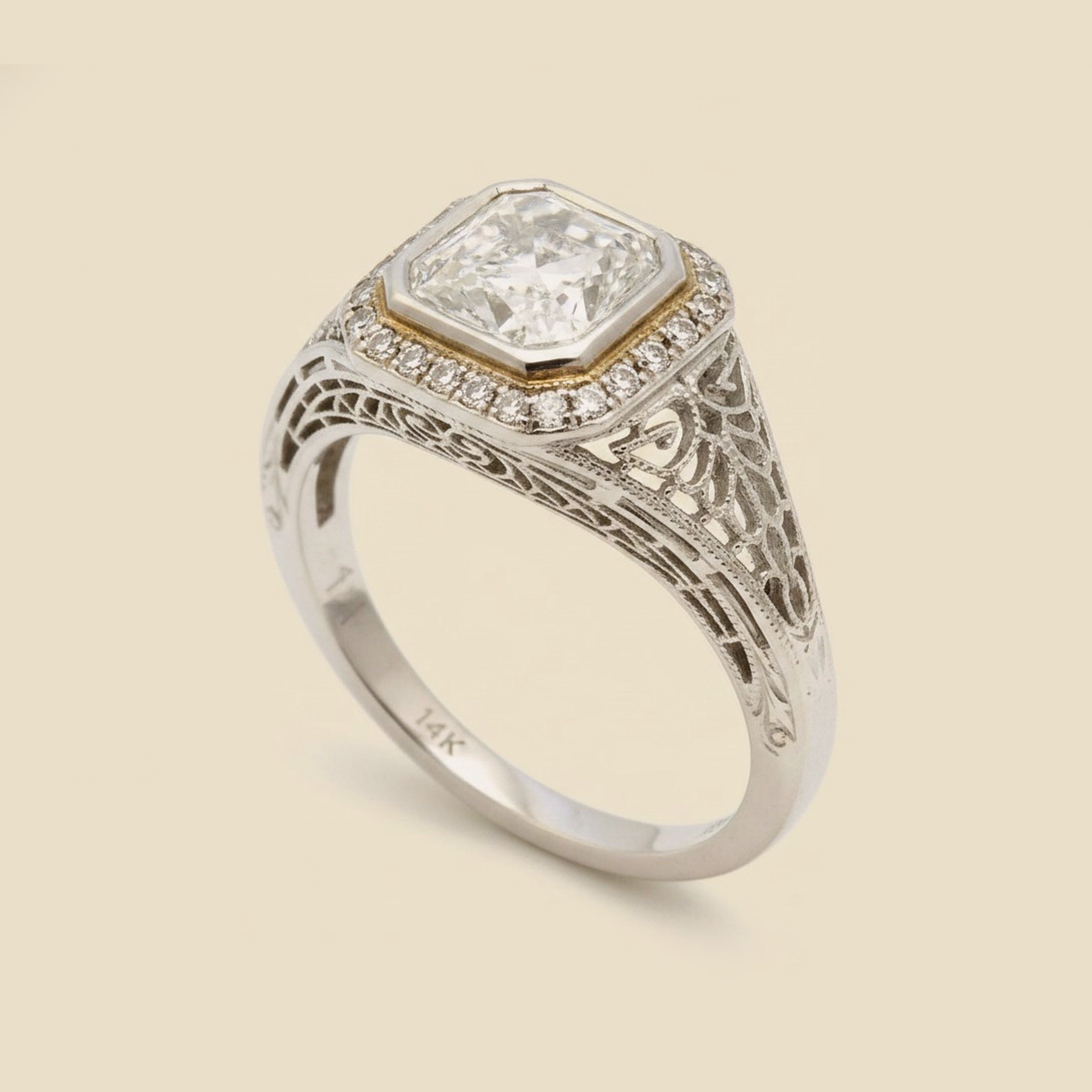 Art Deco Filigree White Gold Diamond Solitaire Engagement Ring