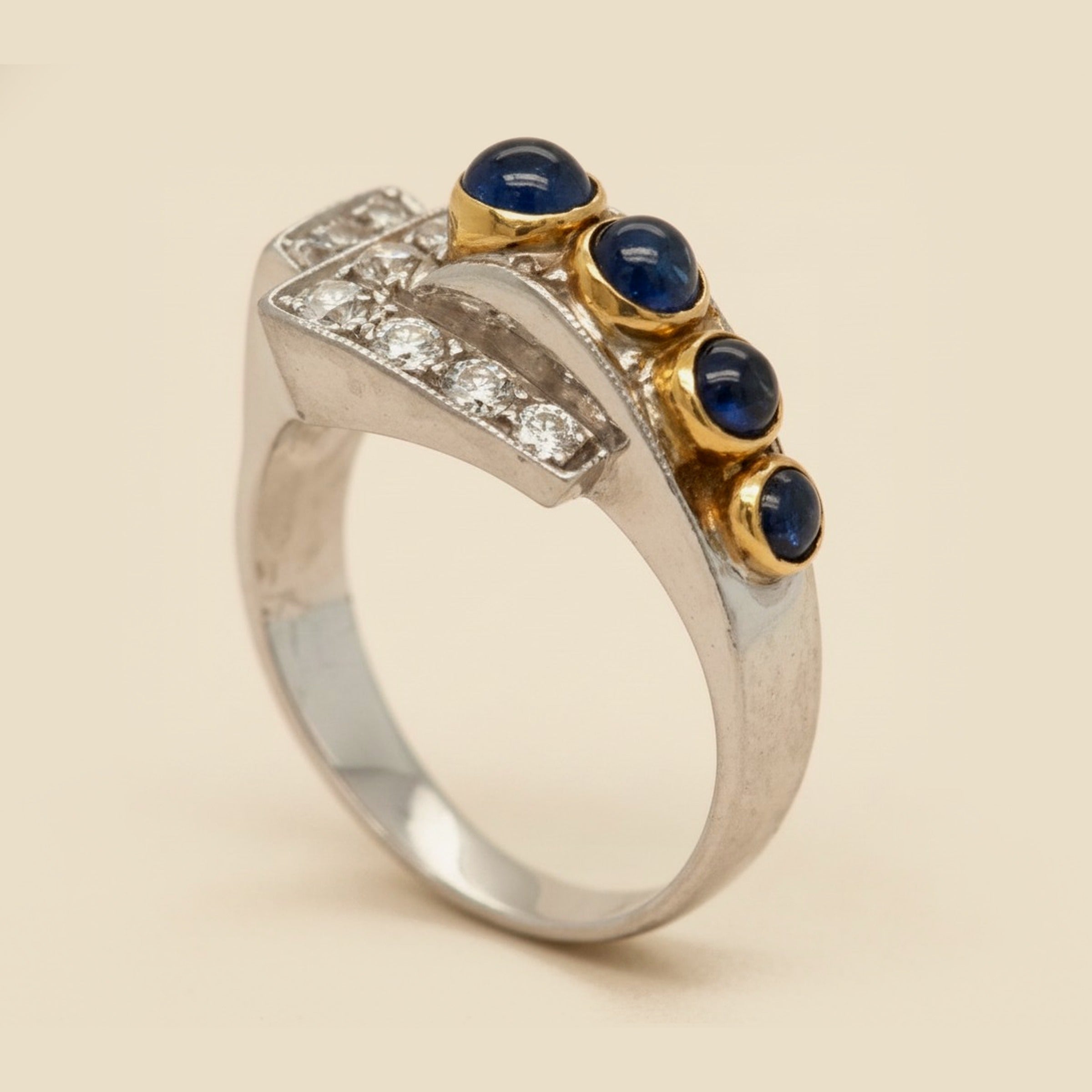 Art Deco platinum & 18k yellow gold cabochon sapphire/diamond cocktailring