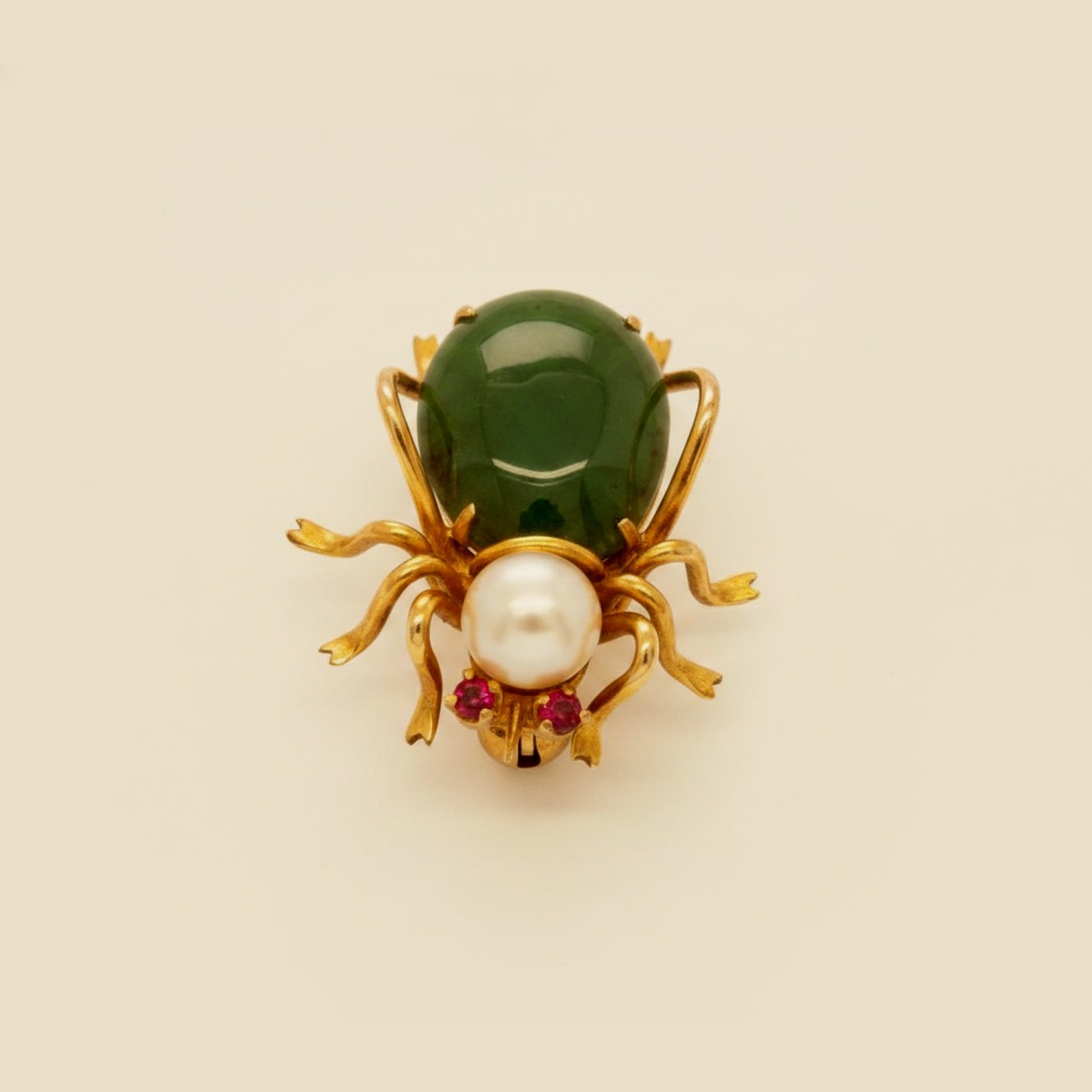 Art Nouveau 9k Jade, Pearl, and Ruby Insect Pin