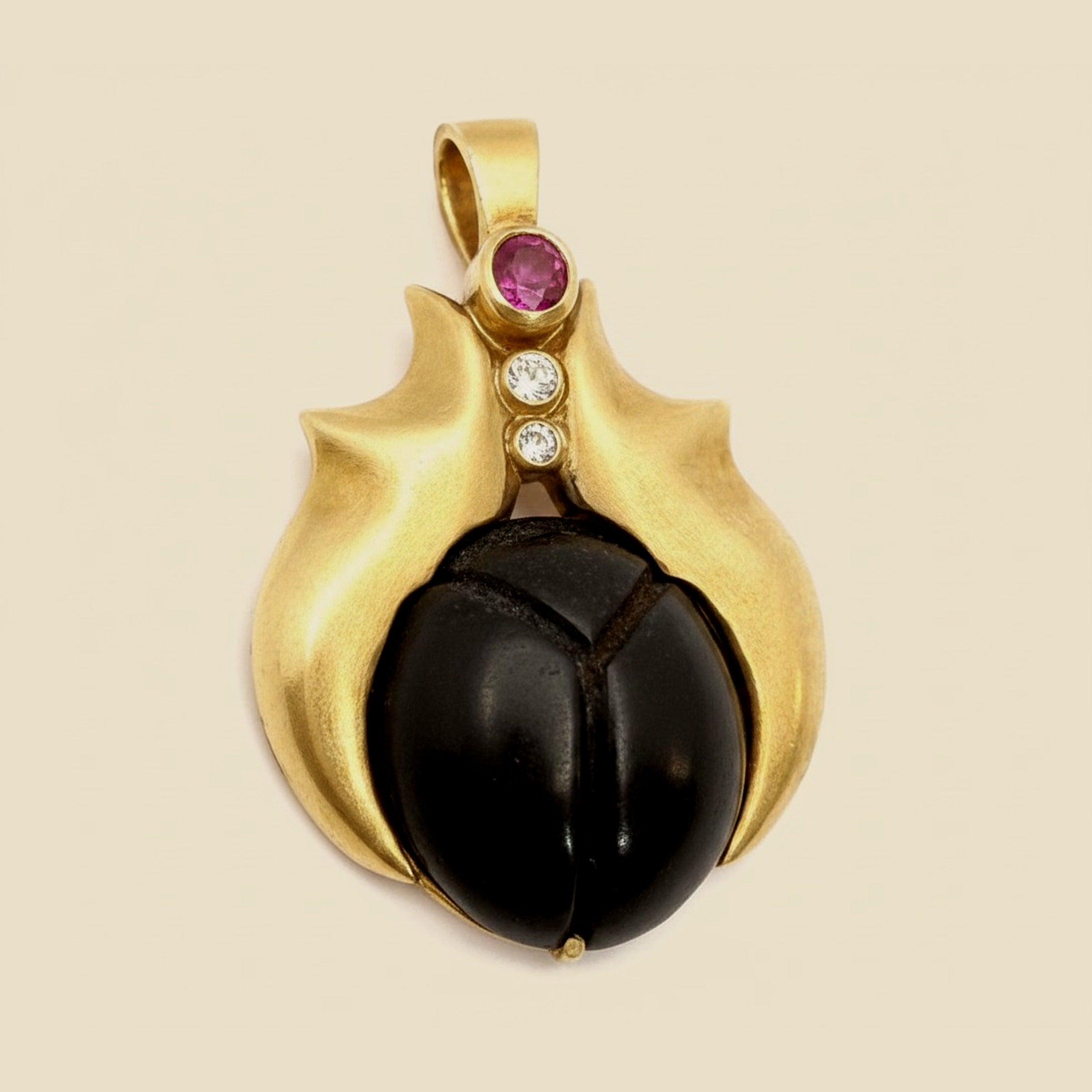 Brushed Yellow Gold Pendant with Onyx, Ruby, and Diamonds – Empire Diamond