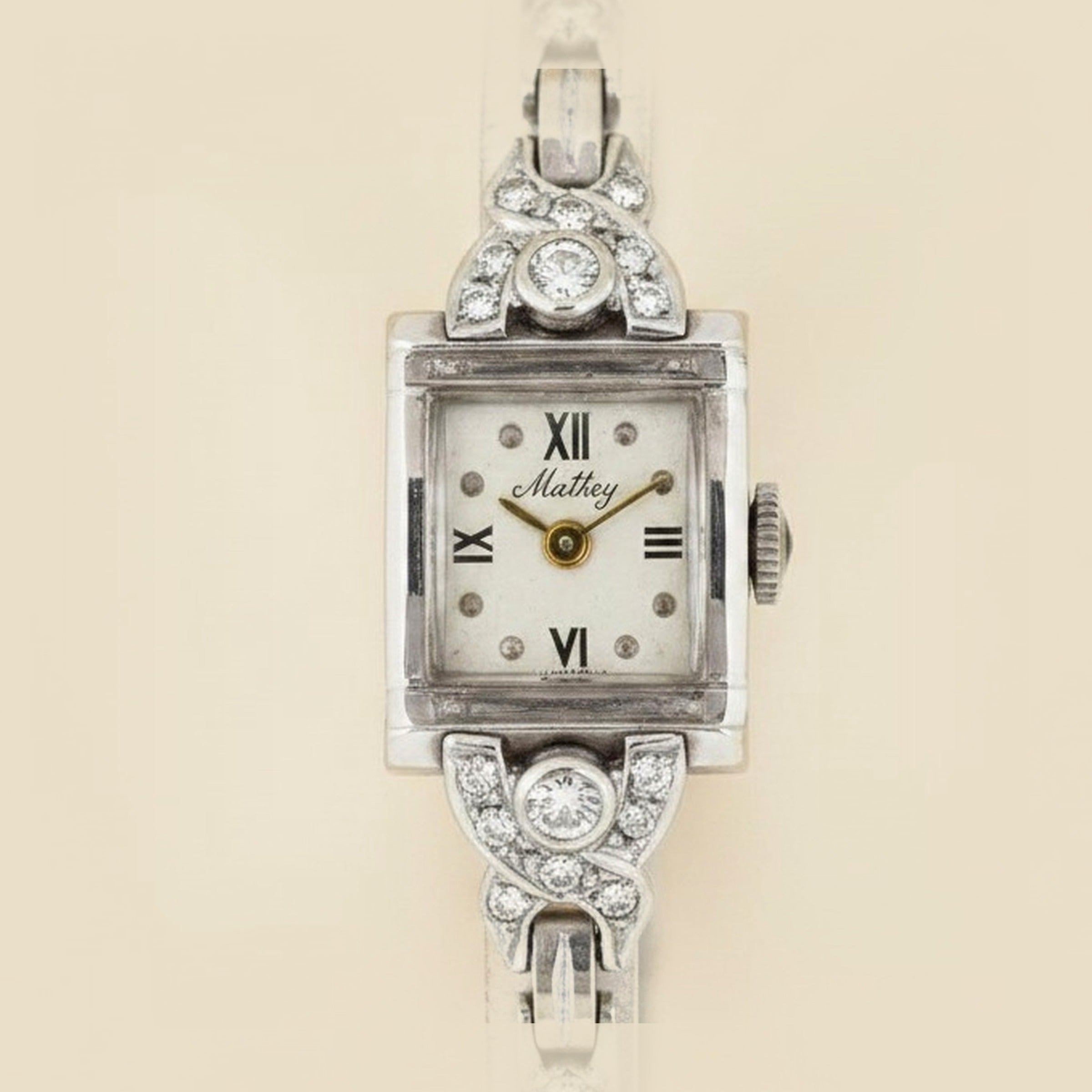 Ca. 1940's Mattey Lady's White Gold Diamond Wrist Watch – Empire Diamond – view 2