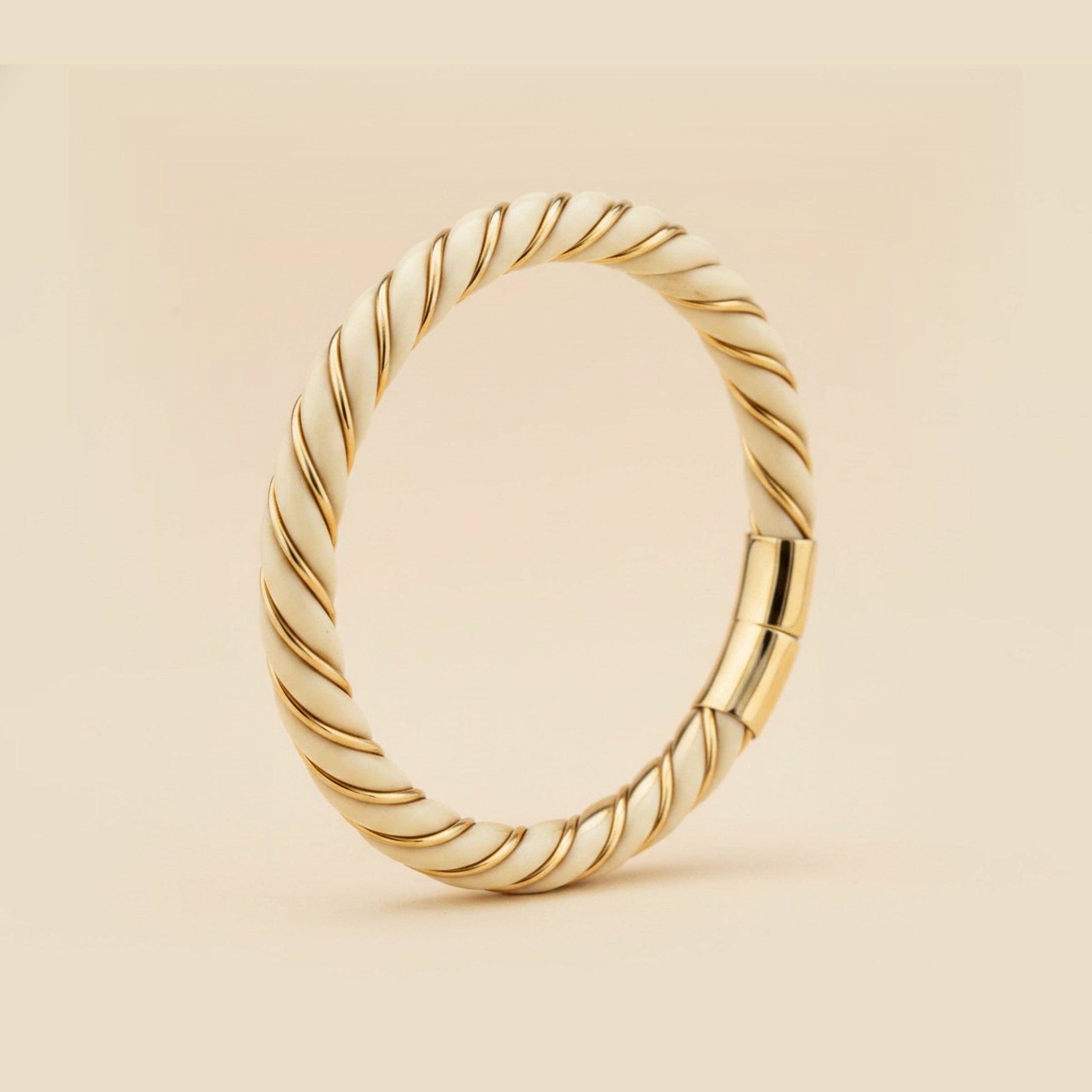 Carved Ivory Twist & Gold Plated Wire Bangle Bracelet