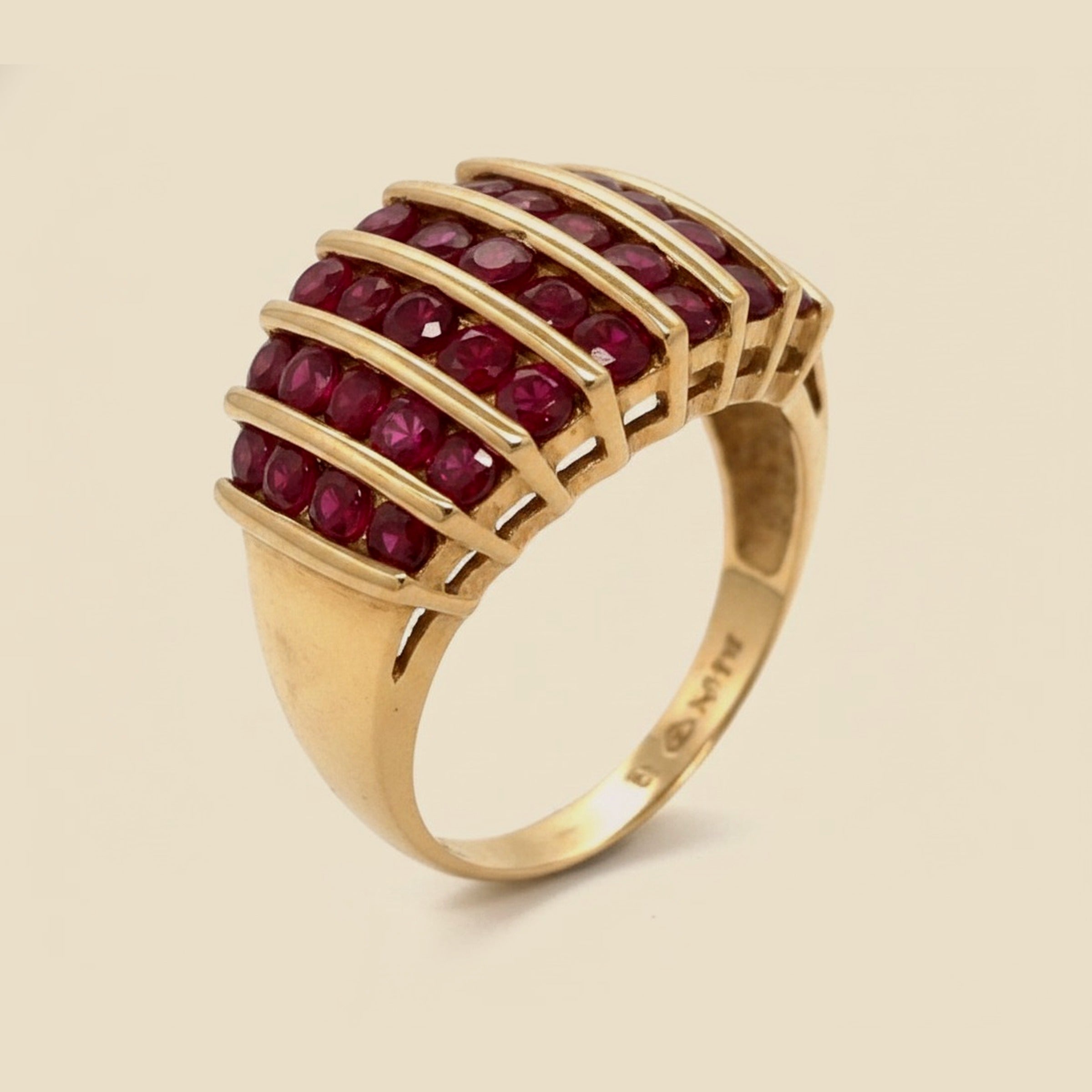 Eight row 14k yellow gold natural ruby cocktail ring