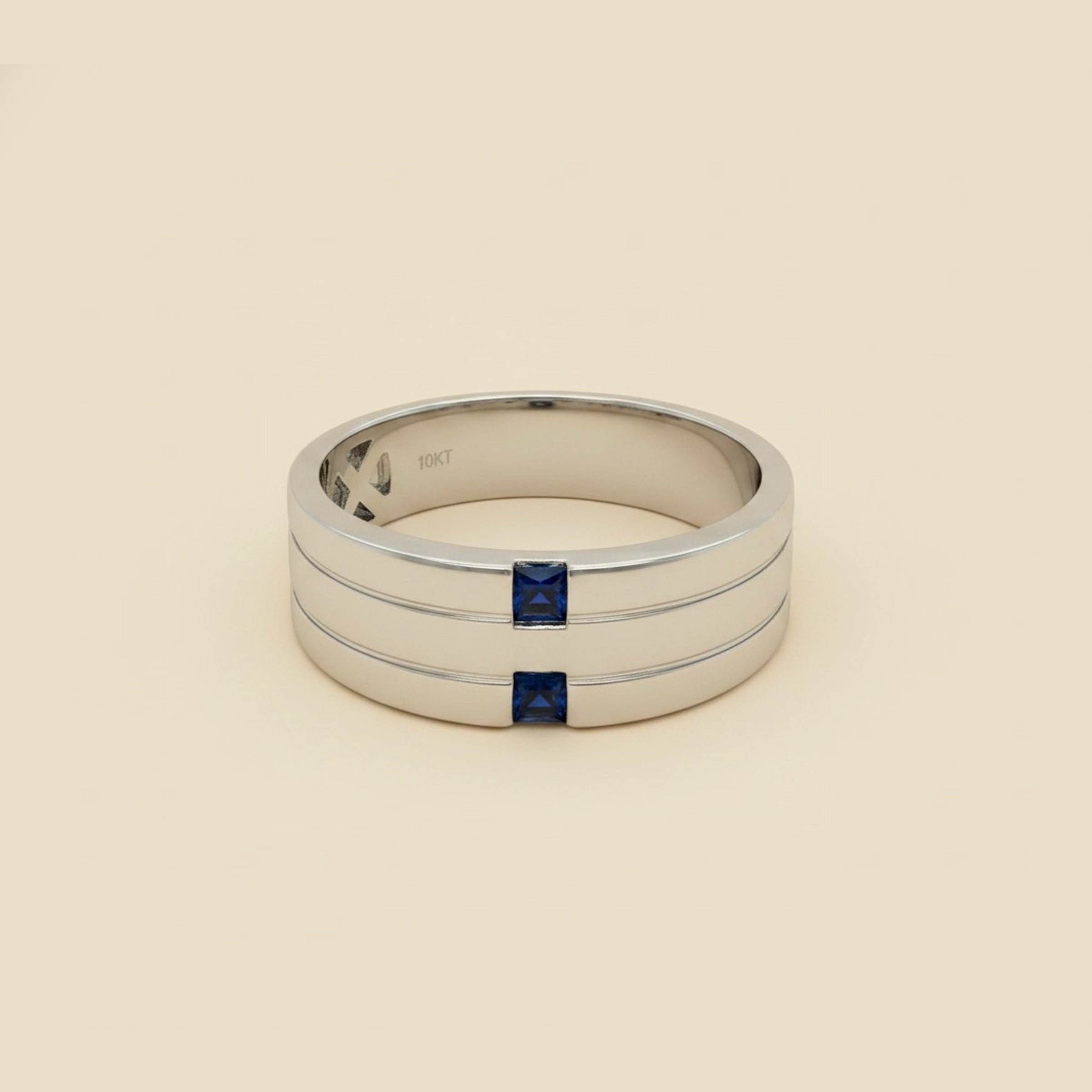 Gents 14k White Gold Diamond & Sapphire Band Ring