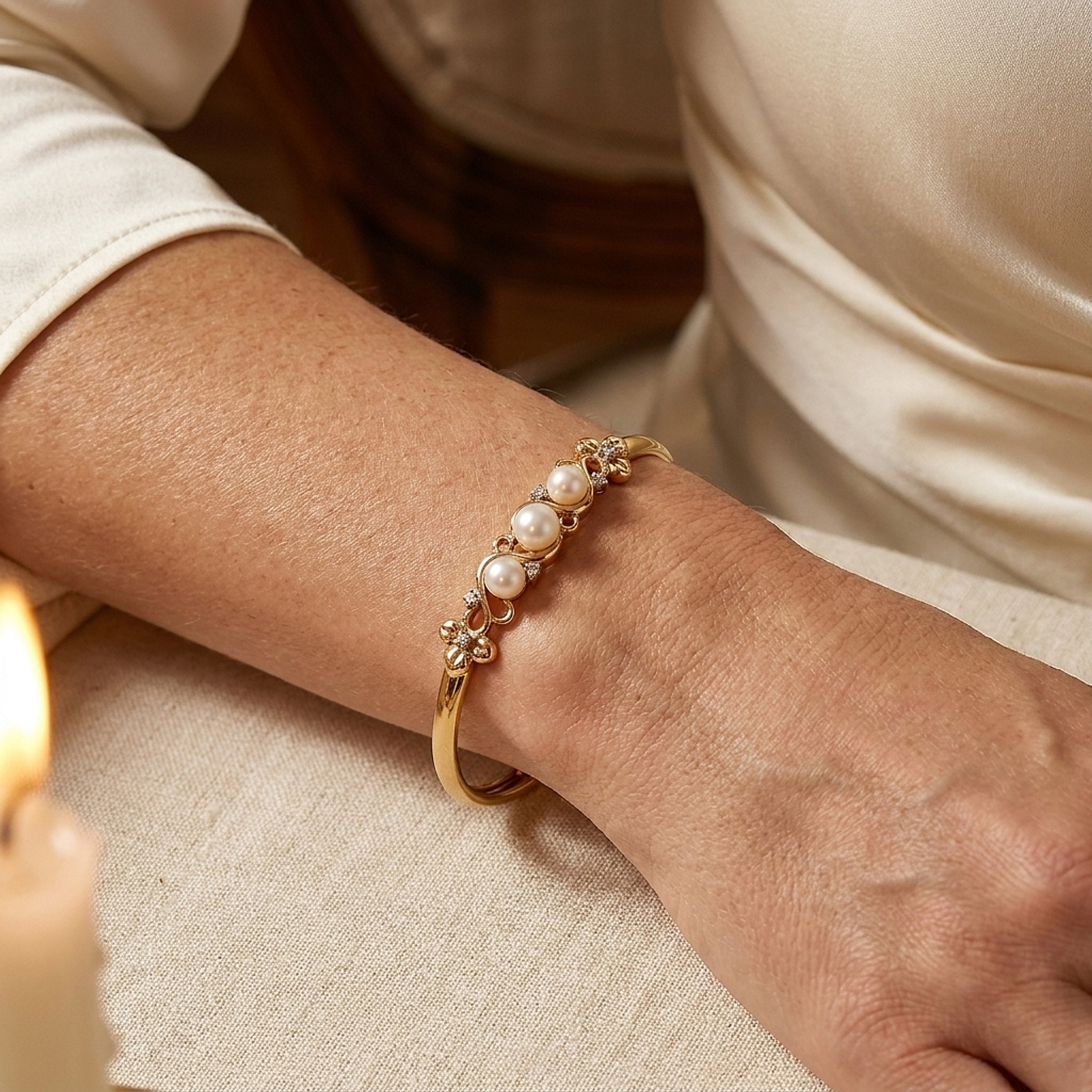 14K Yellow Gold Pearl & Diamond Scroll Bangle Bracelet