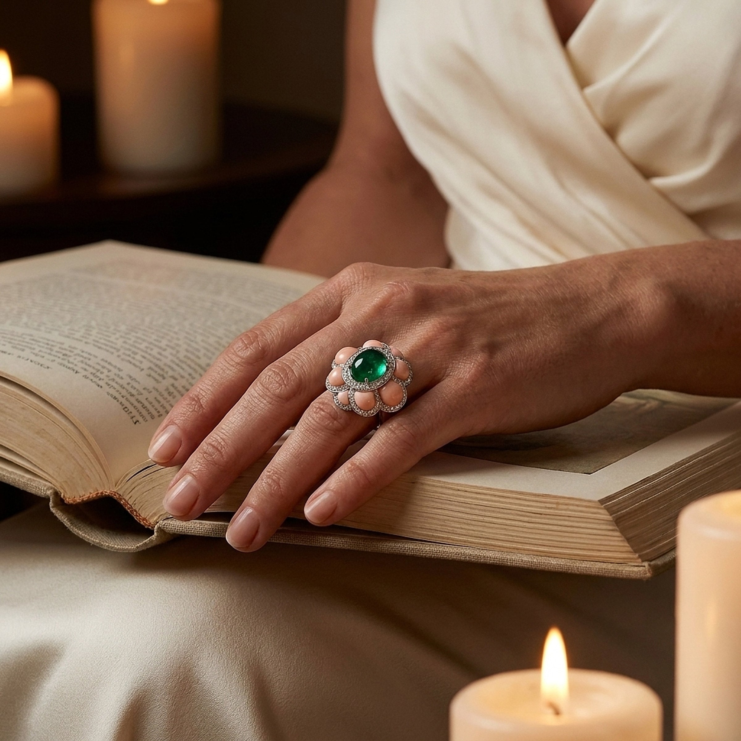 Andreoli 18K White Gold, Emerald, Diamond, and Coral Cocktail Ring