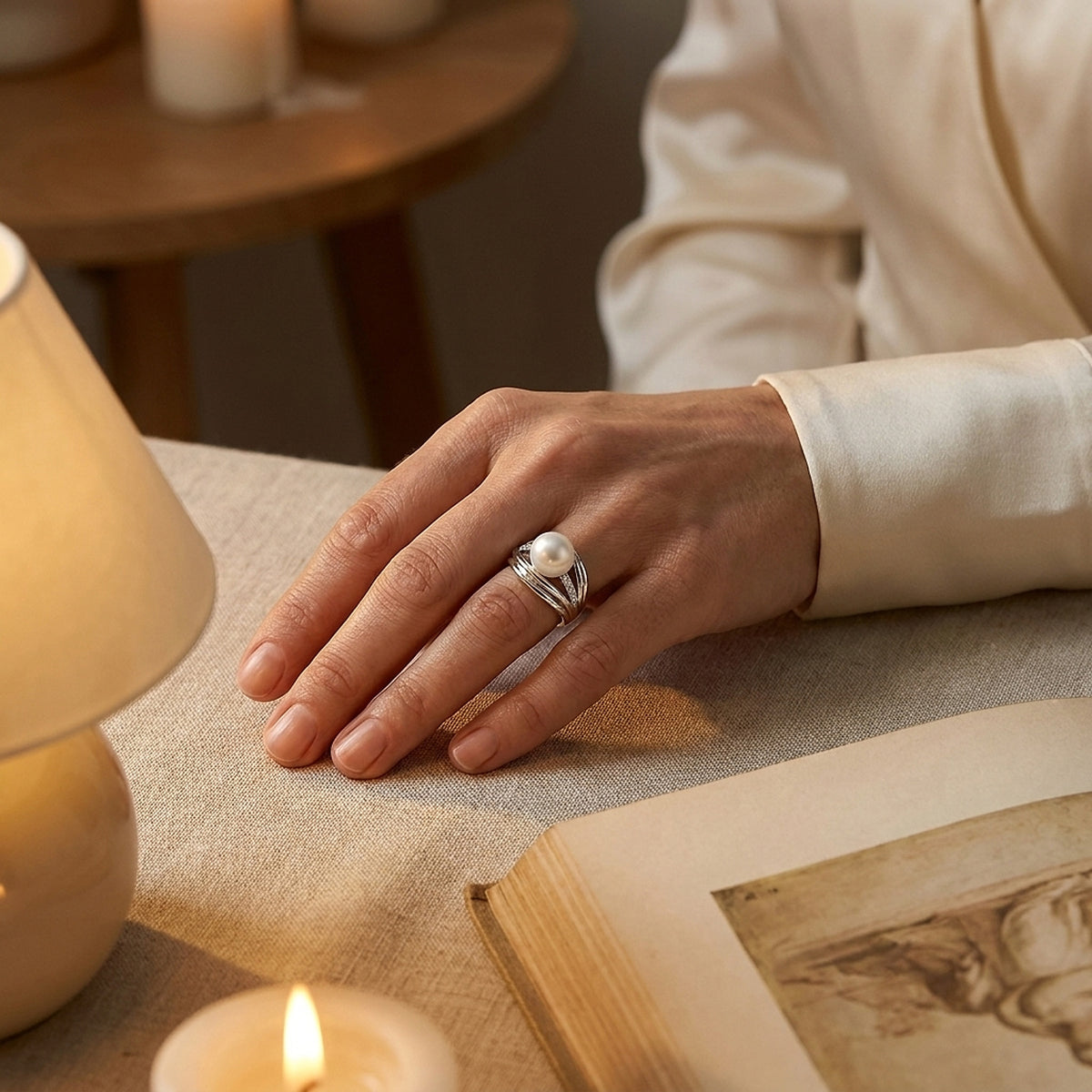Asba 14K White Gold South Sea Pearl and Diamond Cocktail Ring
