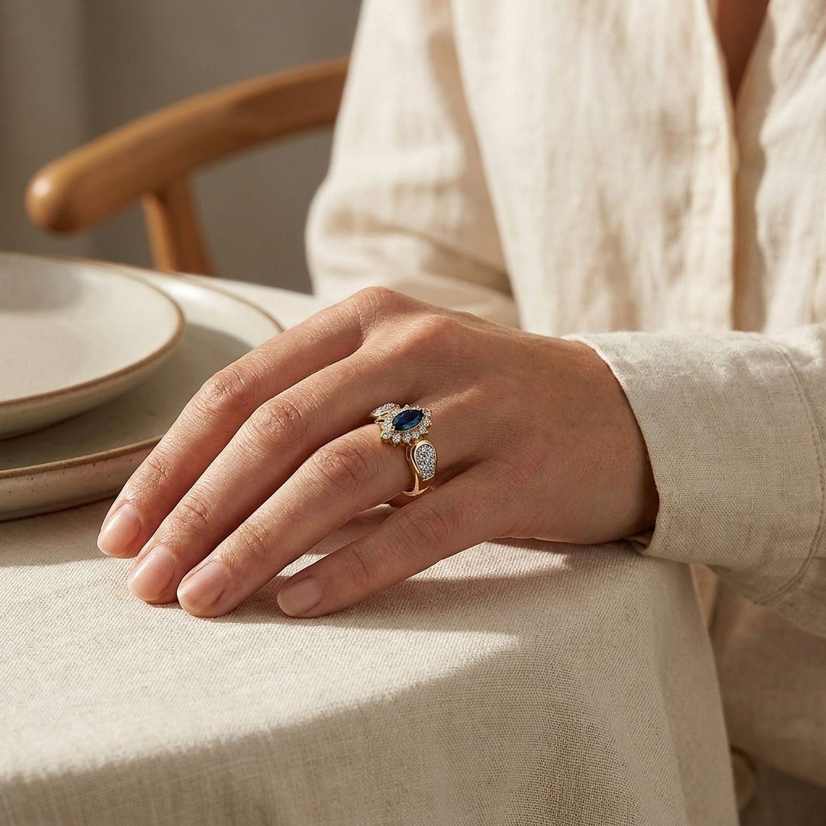 14K Yellow Gold Sapphire and Diamond Cocktail Ring