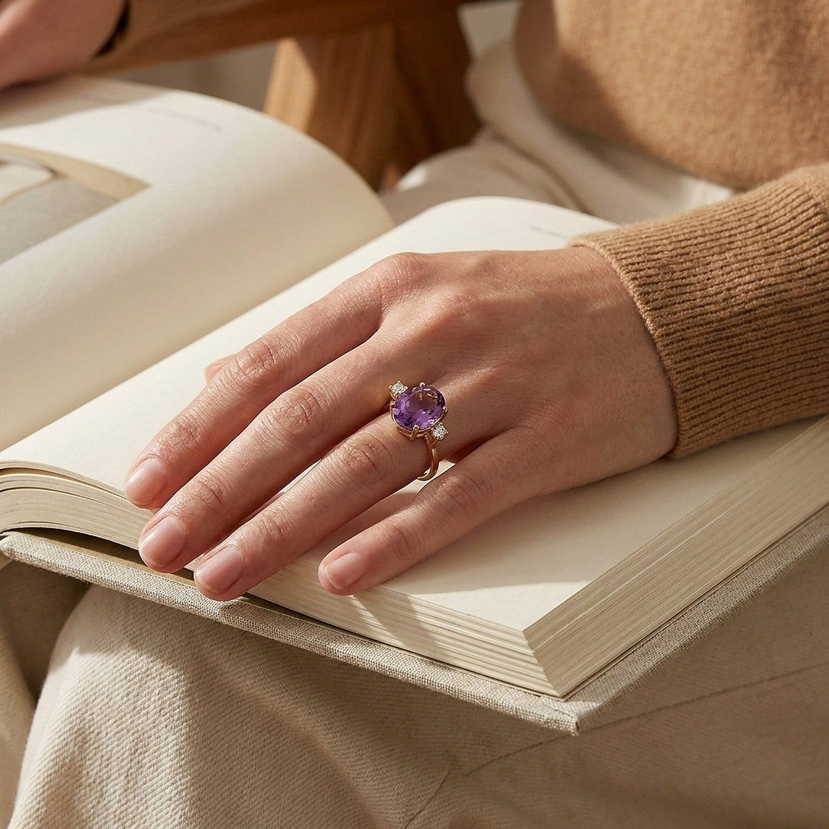 14K Yellow Gold Amethyst and Diamond Ring