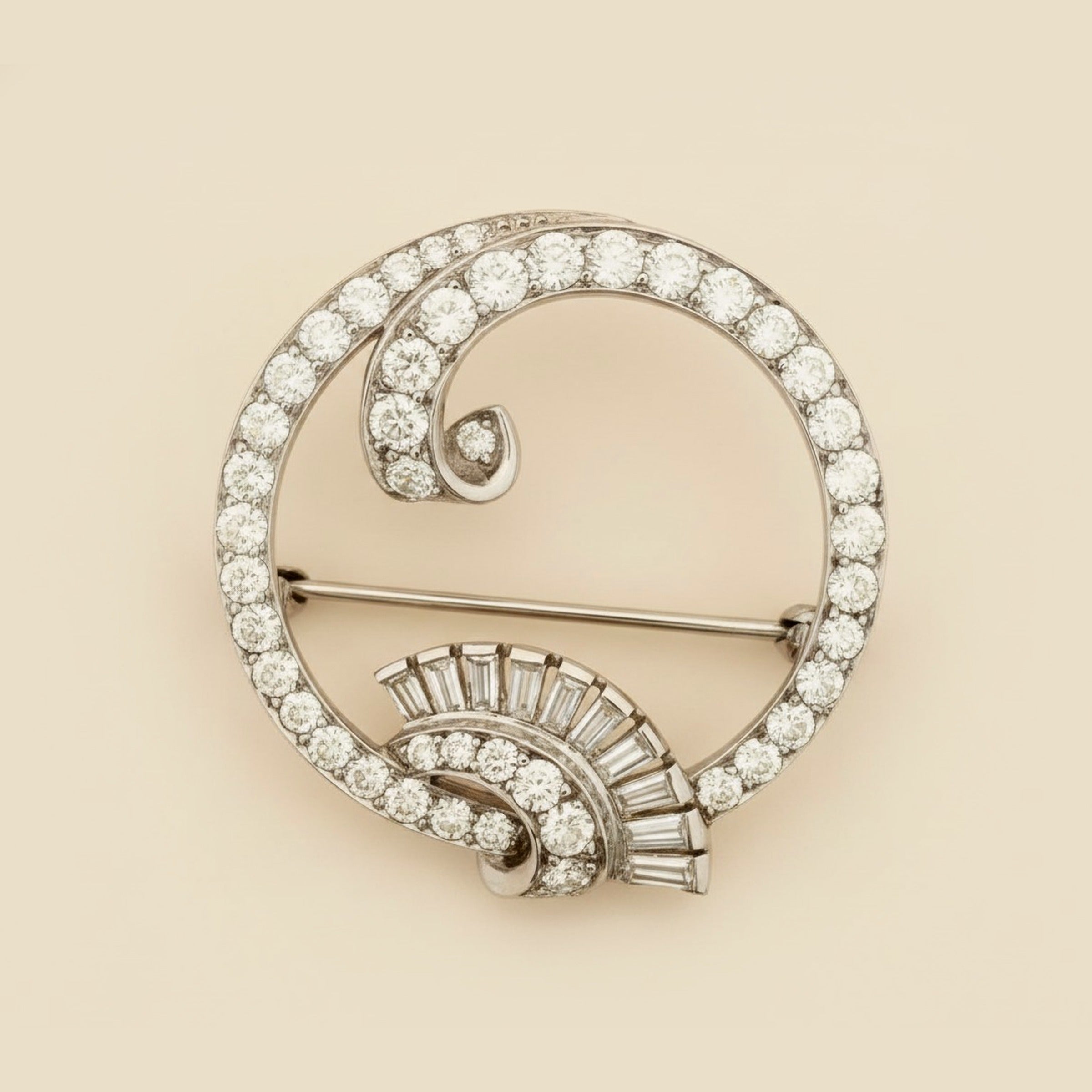 Platinum Diamond Circle Pin with a Swirl Design