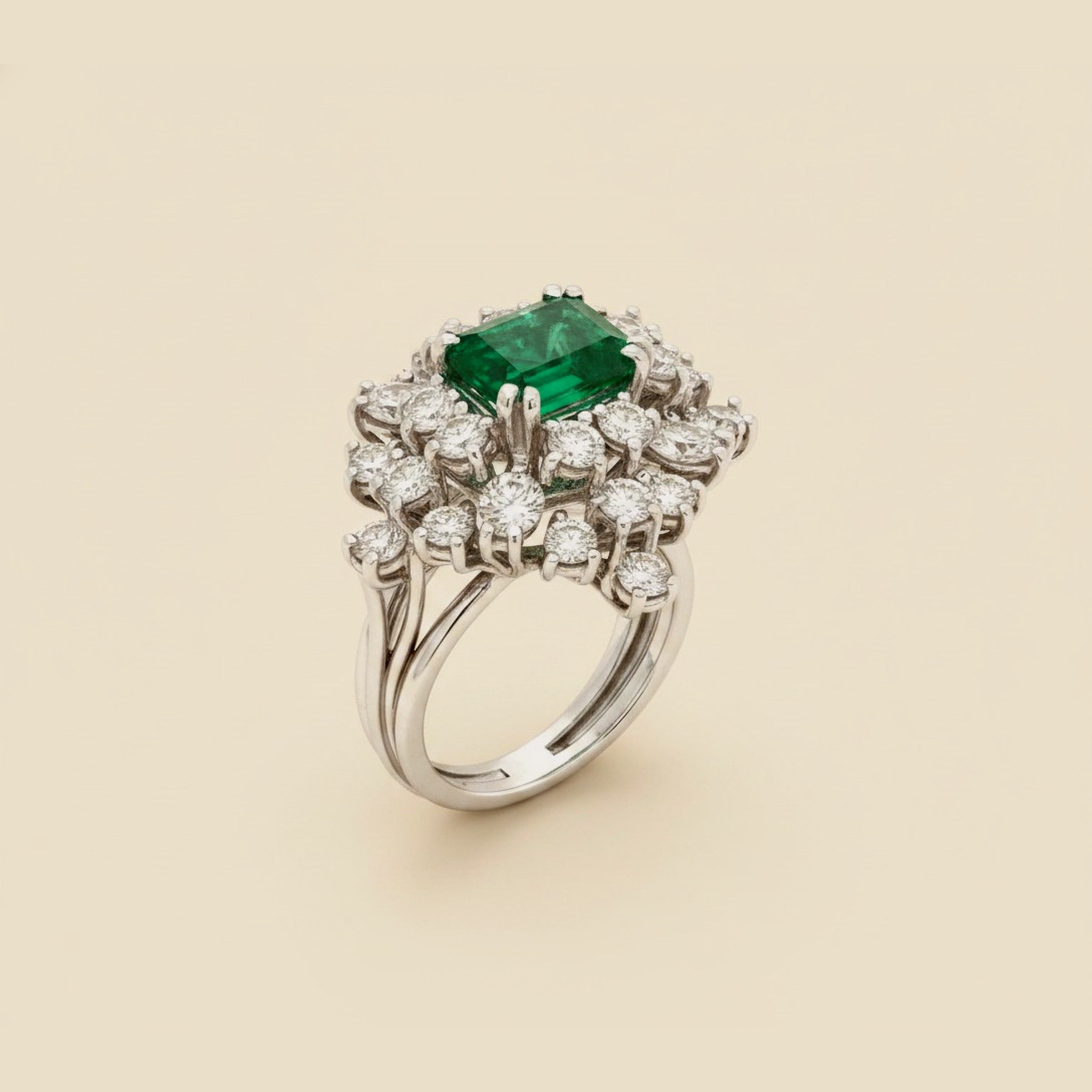 Platinum Diamond Emerald Cocktail Ring