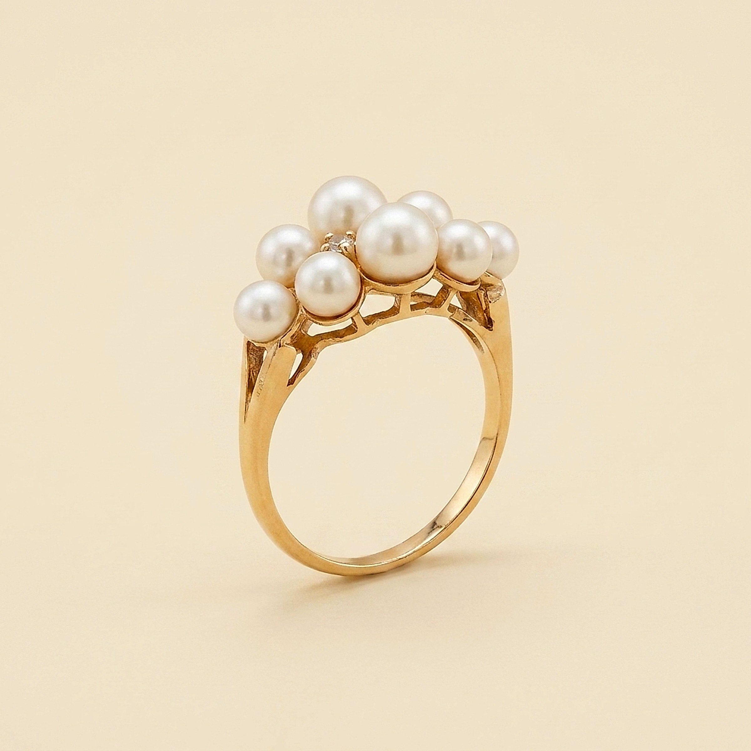 14K Yellow Gold Pearl Cluster & Diamond Cocktail Ring