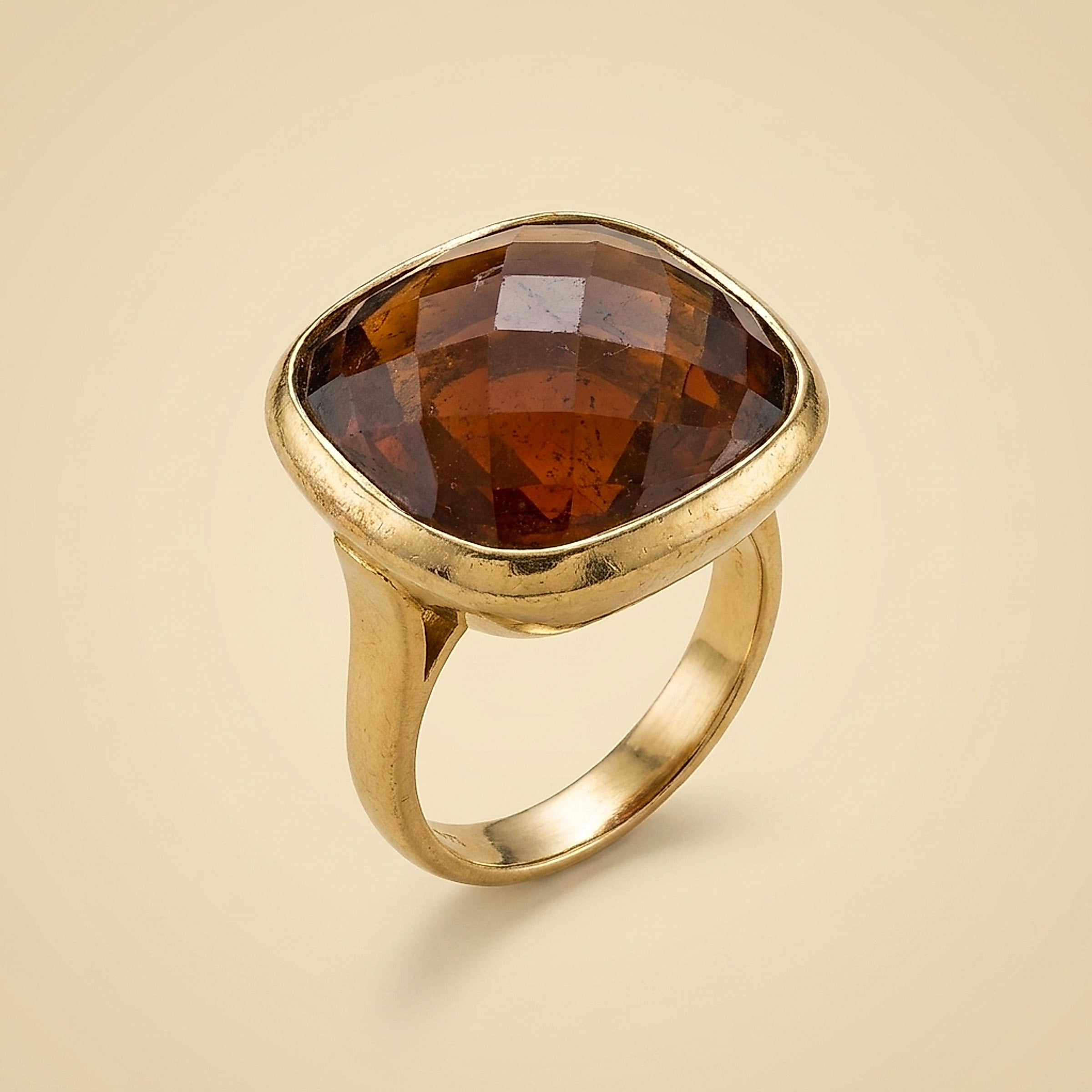 14K Yellow Gold Bezel Set Checkerboard Cut Carnelian Cocktail Ring
