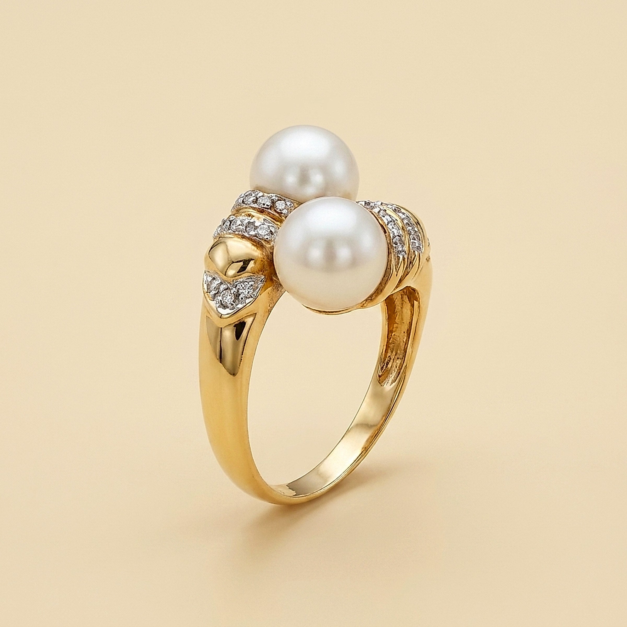 14K Yellow Gold Pearl & Diamond Bypass Ring