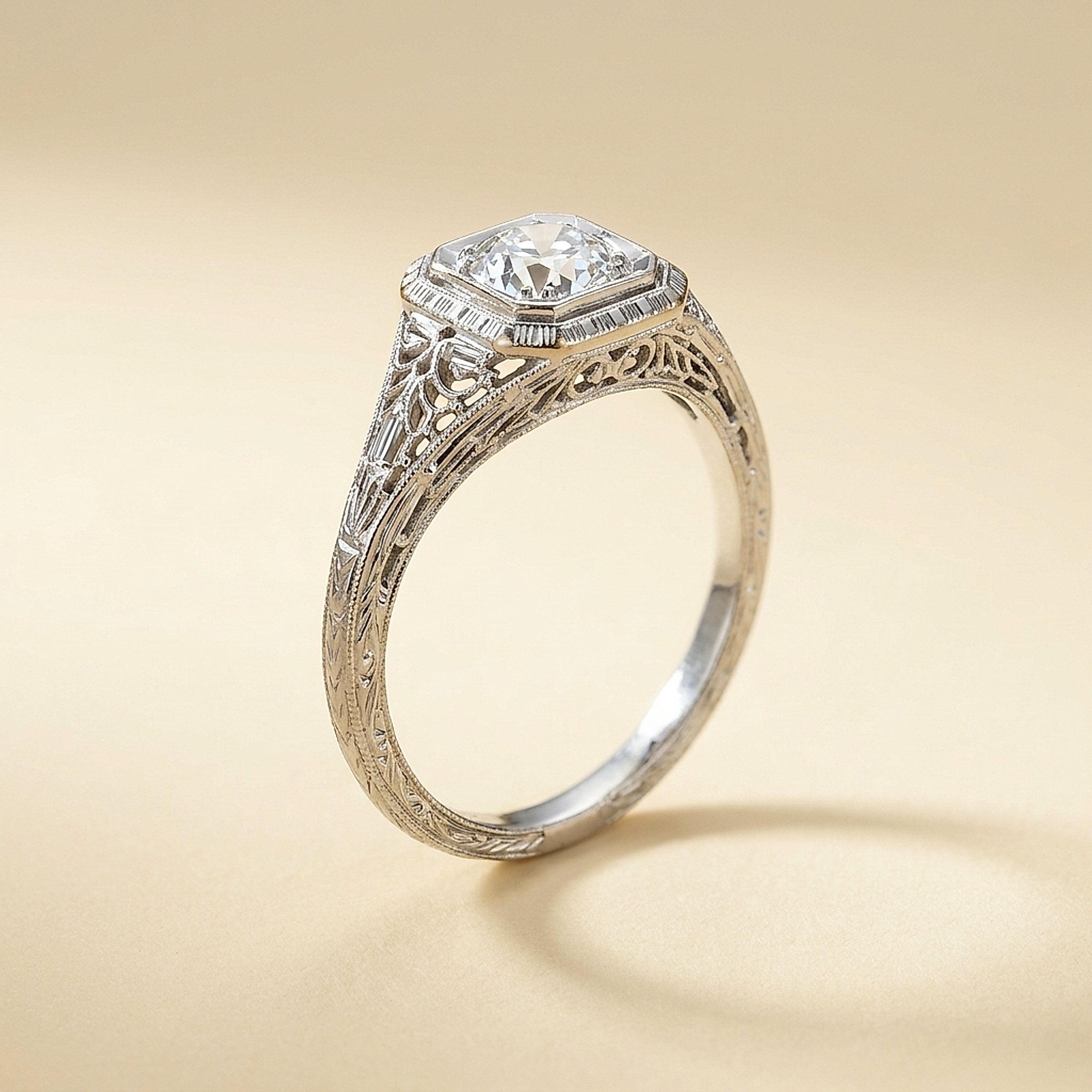 Art Deco 18K White Gold Filigree Diamond Solitaire Ring