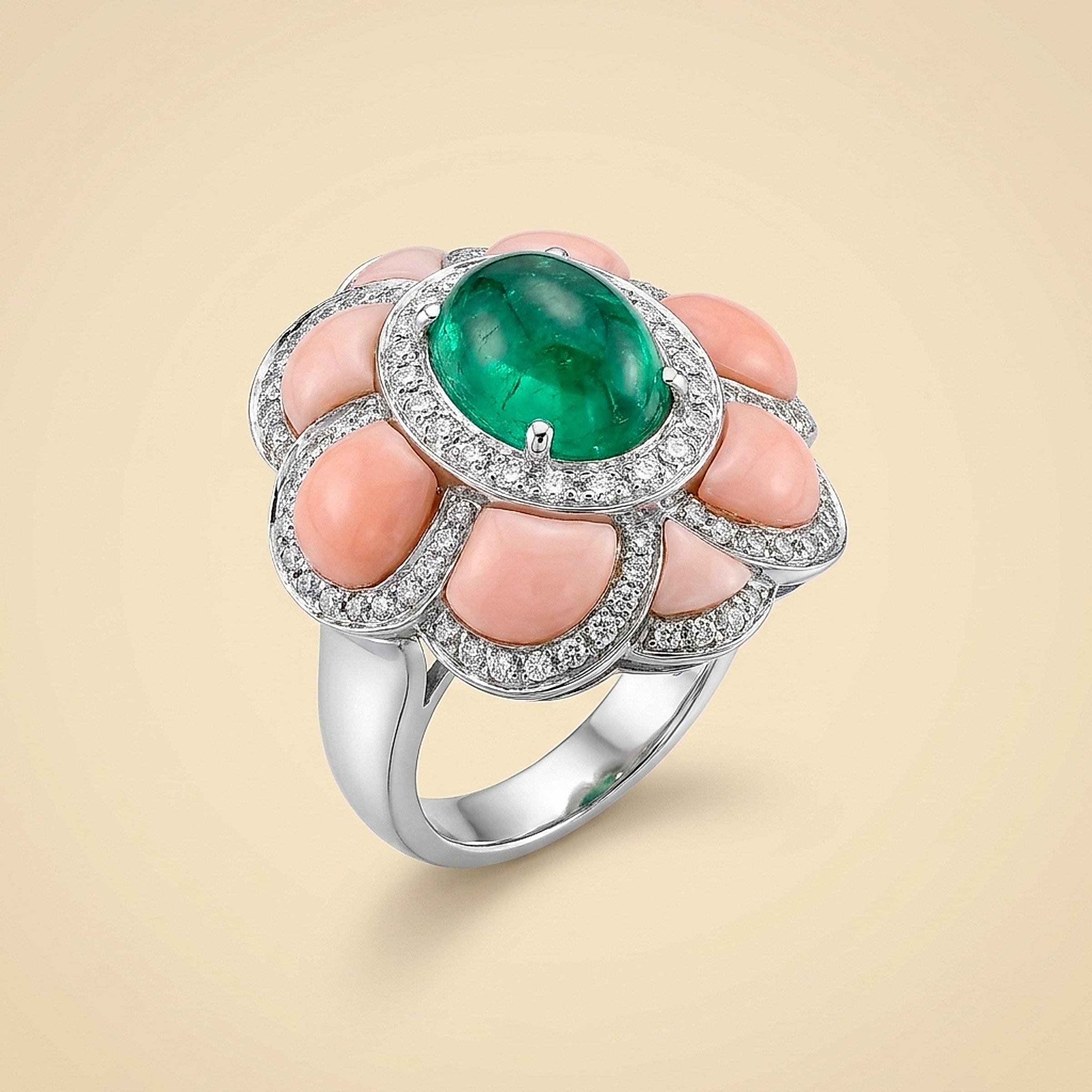Andreoli 18K White Gold, Emerald, Diamond, and Coral Cocktail Ring