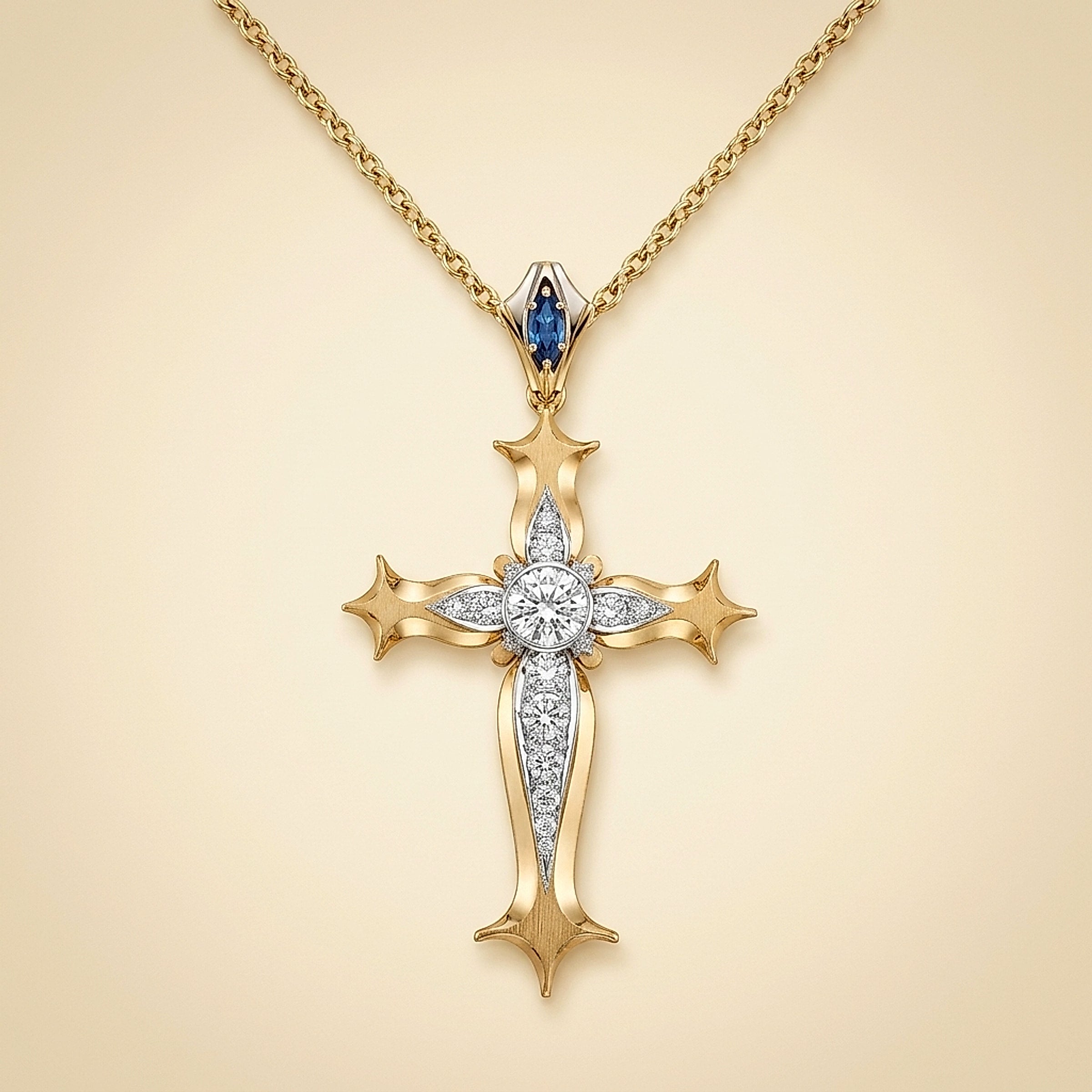 14K Two-Tone Gold Diamond and Sapphire Cross Pendant