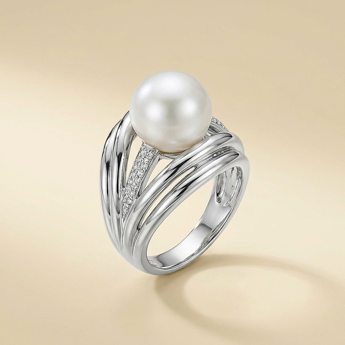 Asba 14K White Gold South Sea Pearl and Diamond Cocktail Ring