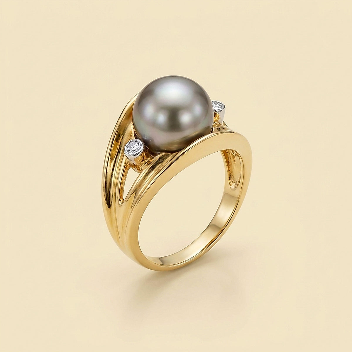 18K Yellow Gold Tahitian Pearl and Diamond Cocktail Ring