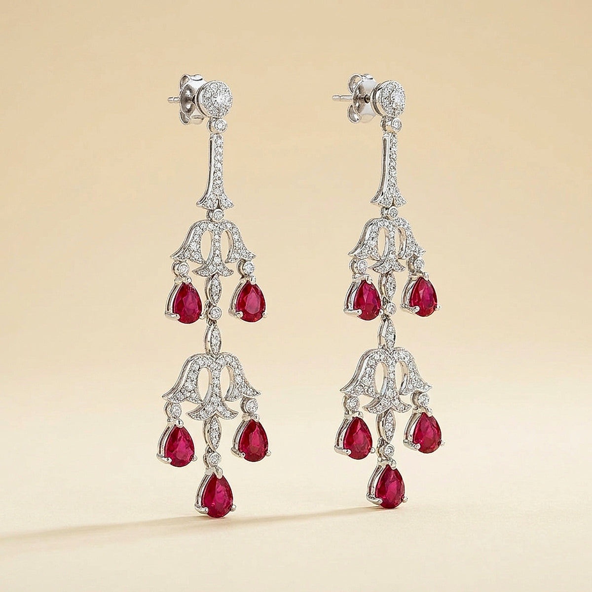 Burma Ruby and Diamond Drop Chandelier Earrings