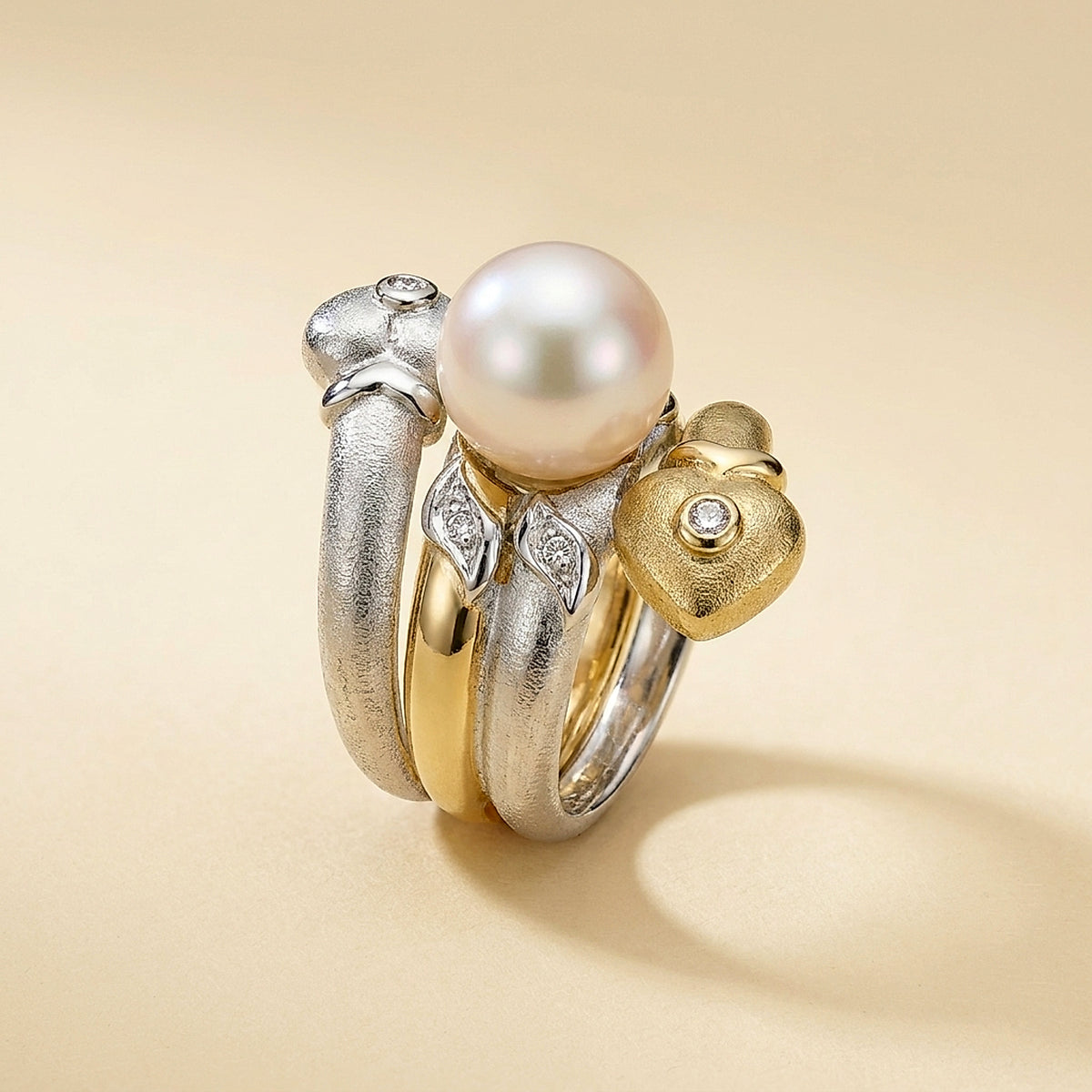 18K Yellow Gold Cultured Pearl and Diamond Bypass Ring