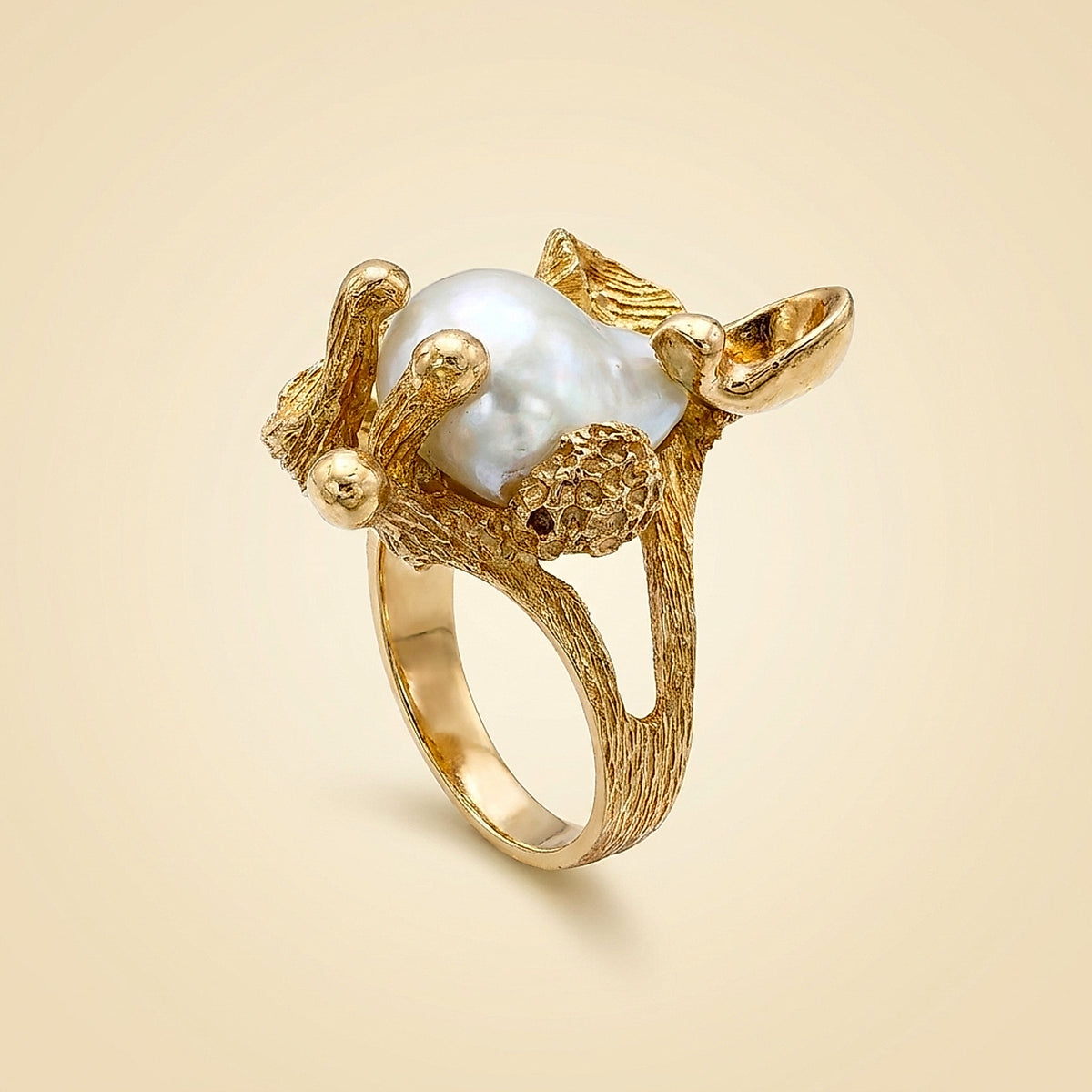 14K Yellow Gold Abstract Snail and Baroque Pearl Ring
