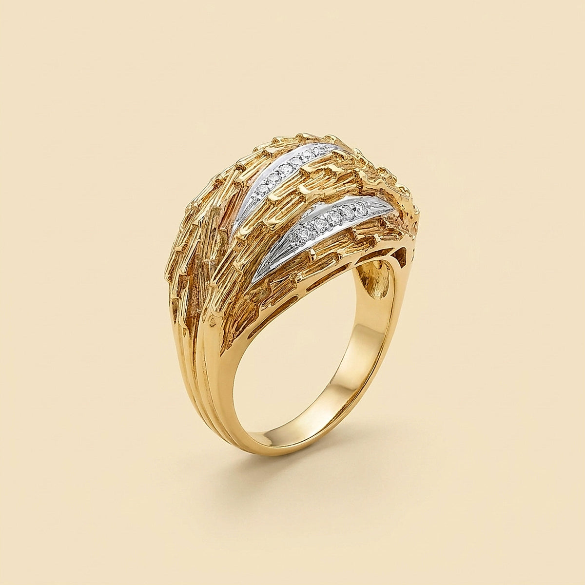 Italian 18K Yellow Gold Feather Motif Diamond Ring