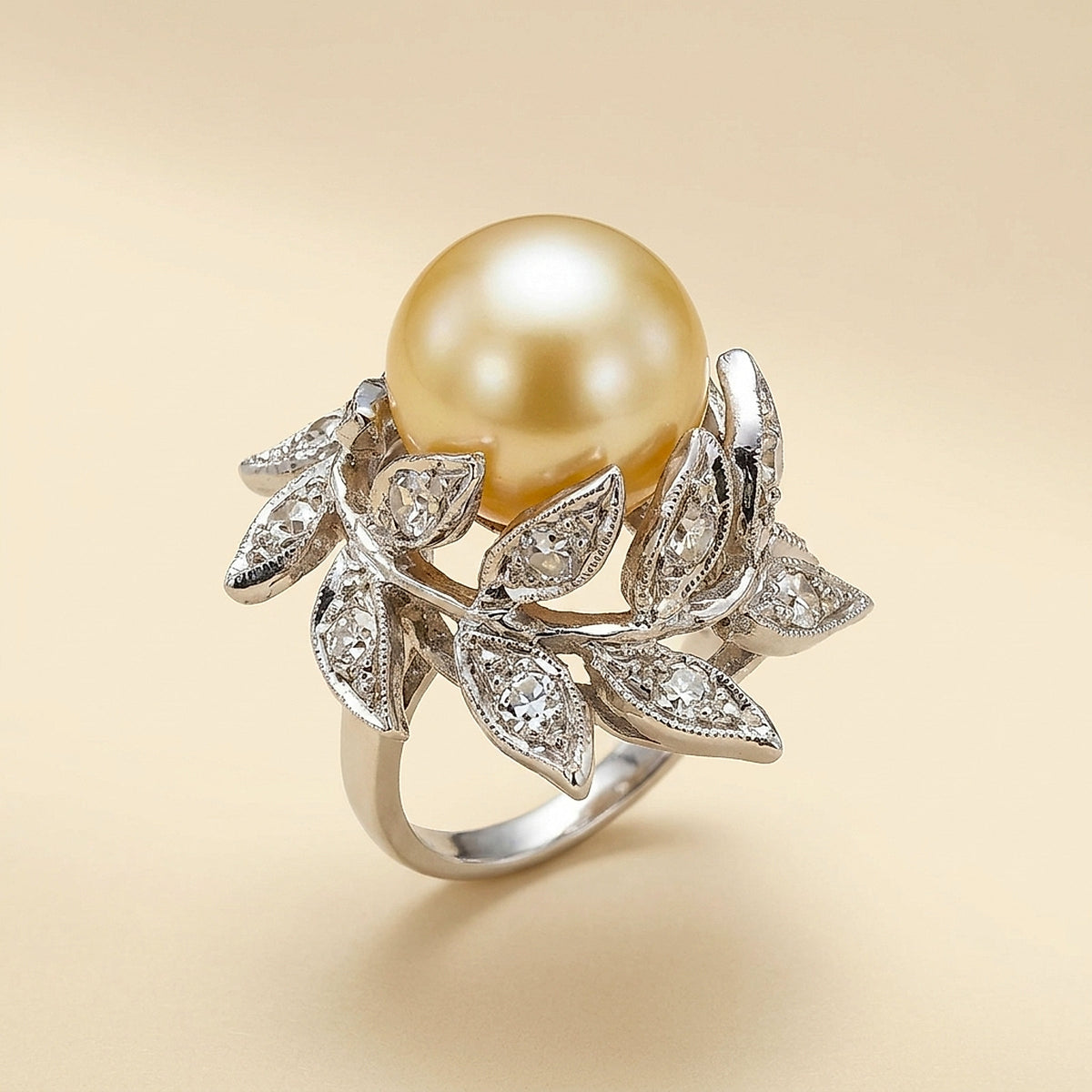 14K White Gold Cultured Pearl and Diamond Branch Ring