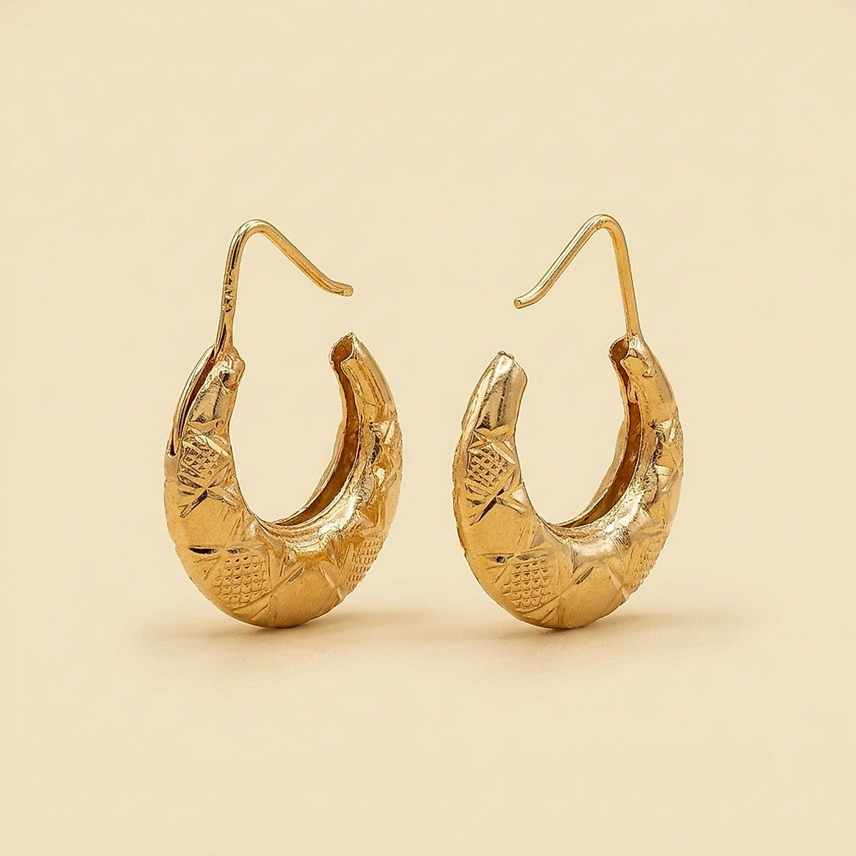 18K Yellow Gold Textured Crescent Hoop Earrings