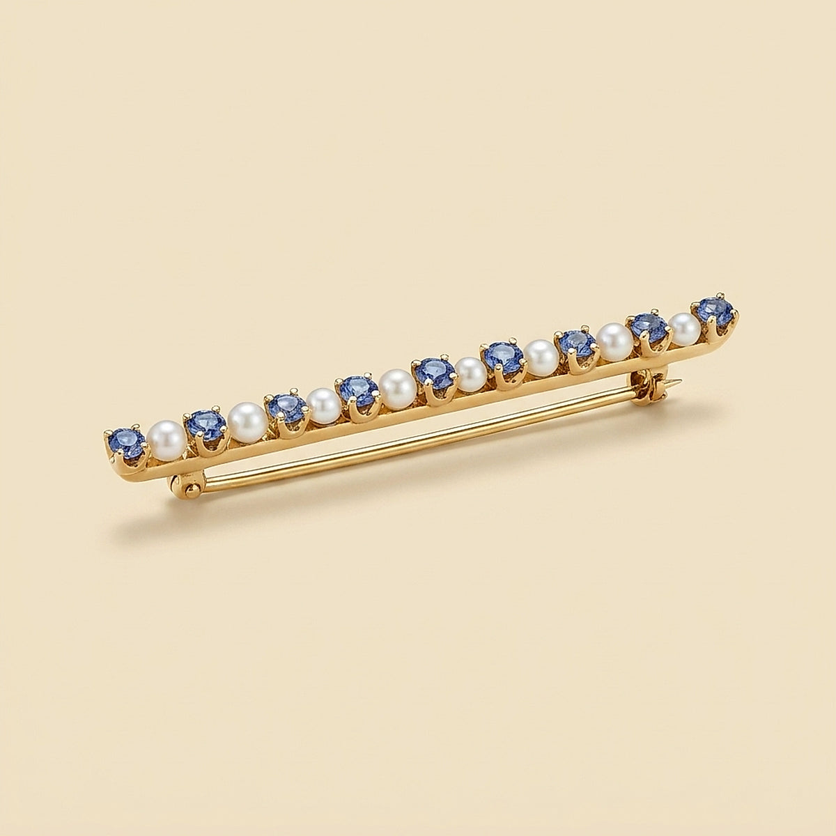 14K Yellow Gold Sapphire and Seed Pearl Bar Pin