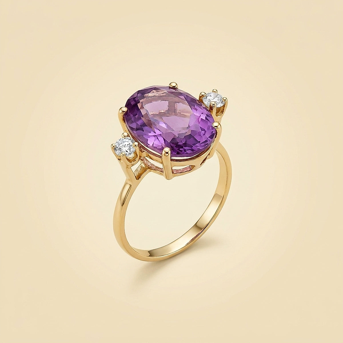 14K Yellow Gold Amethyst and Diamond Ring