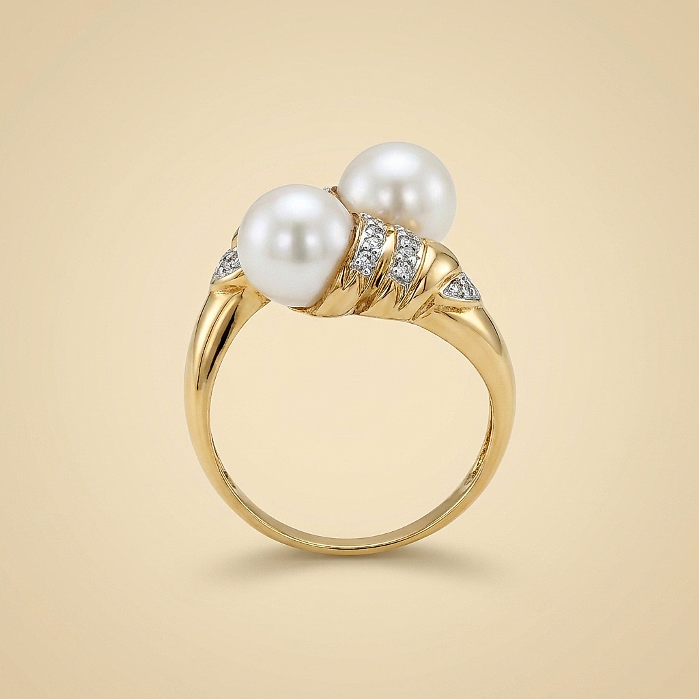 14K Yellow Gold Pearl & Diamond Bypass Ring